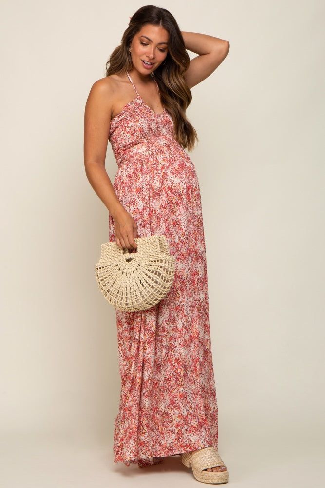 Red Smocked Halter Maternity Midi Dress sold by Pinkblush product image thumbnail 2