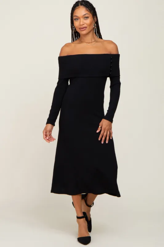 Black Ribbed Knit Foldover Off Shoulder Midi Dress sold by Pinkblush