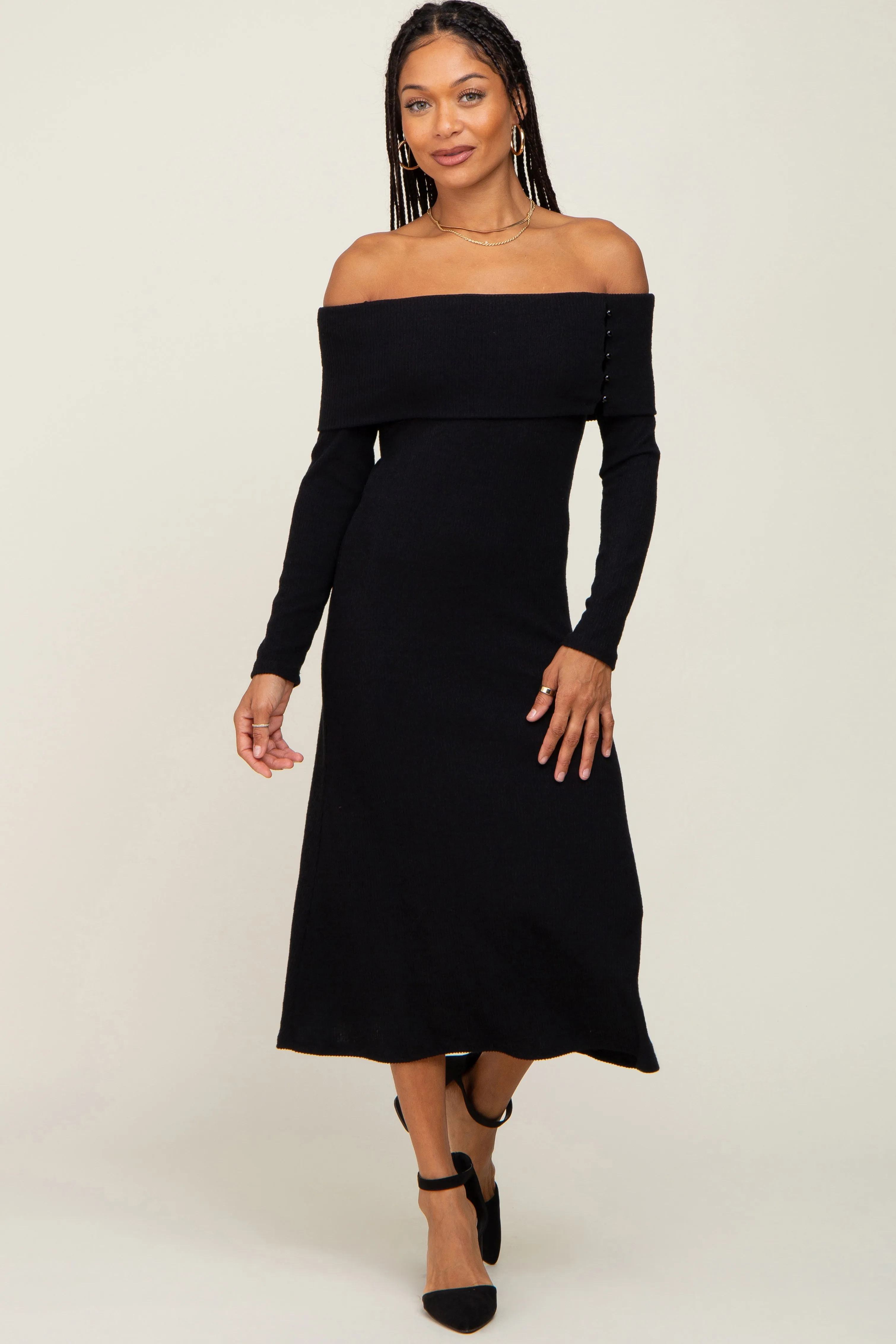 Black Ribbed Knit Foldover Off Shoulder Midi Dress sold by Pinkblush