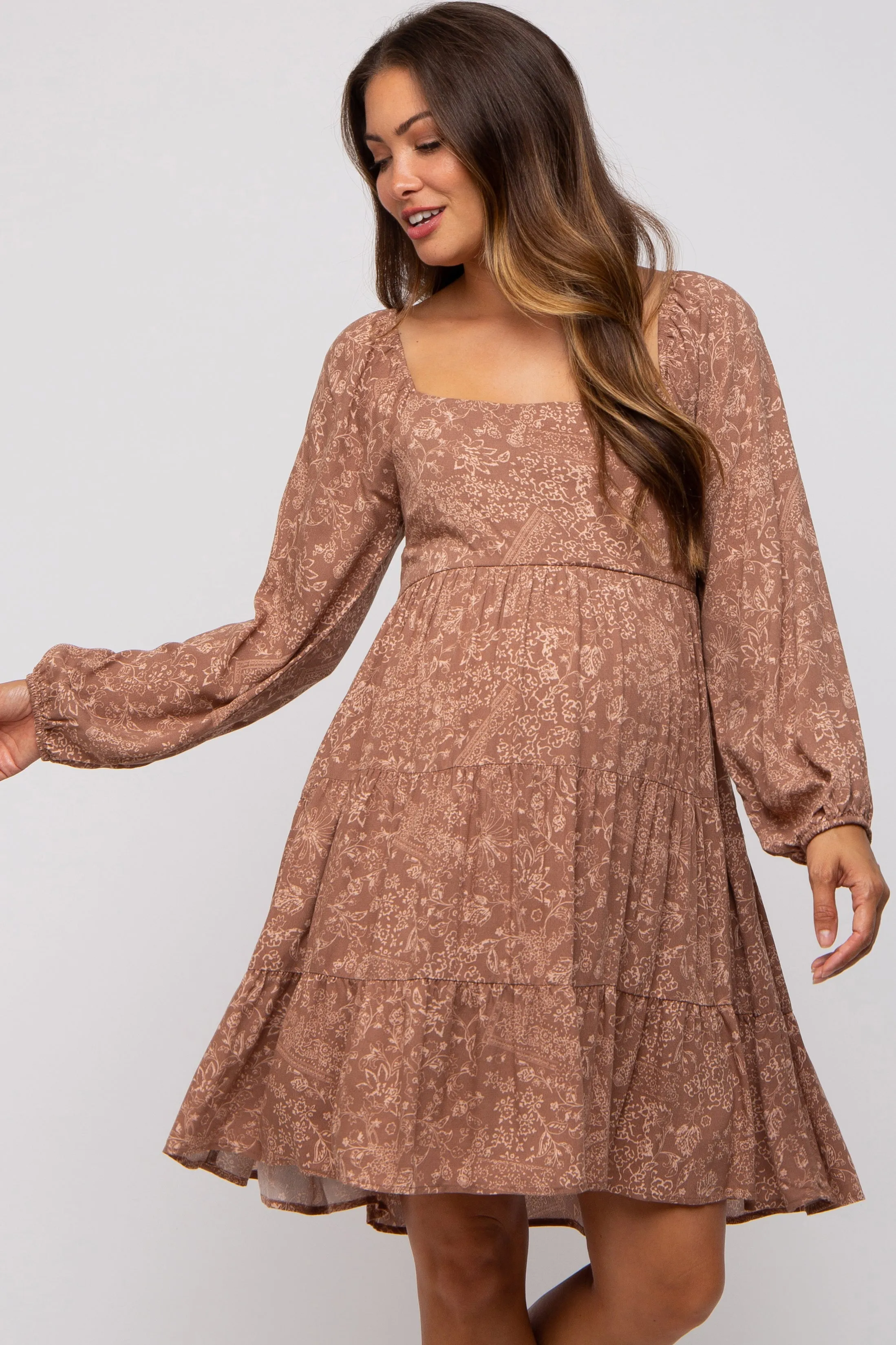 Mocha Floral Tier Long Sleeve Maternity Dress sold by Pinkblush product image thumbnail 3