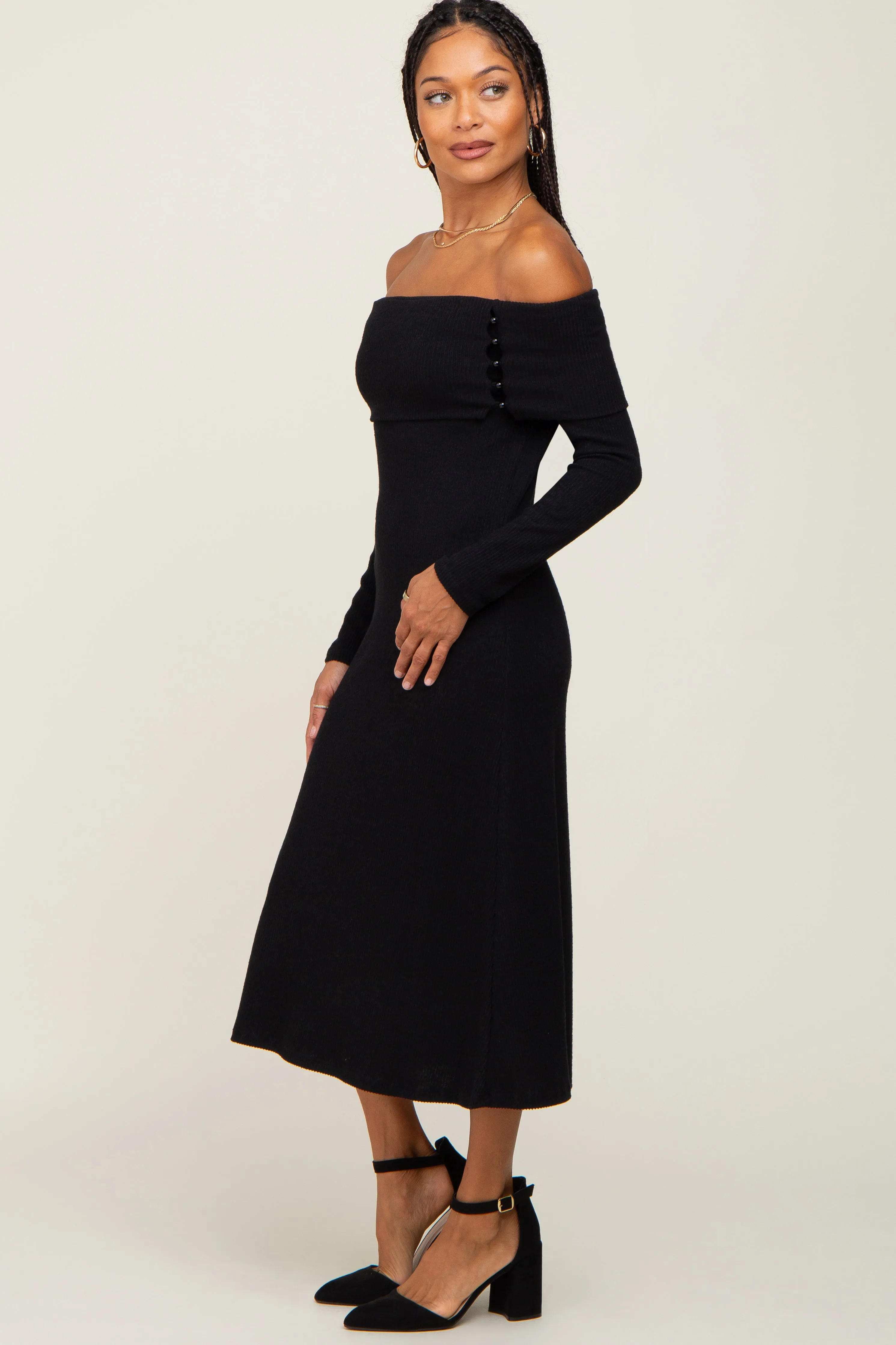 Black Ribbed Knit Foldover Off Shoulder Midi Dress sold by Pinkblush product image thumbnail 2