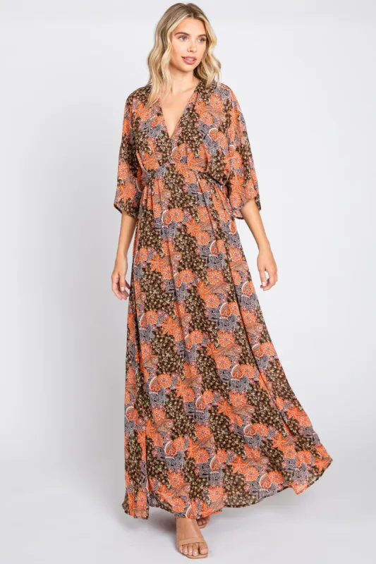 Brown Floral Paisley Chiffon Maxi Dress sold by Pinkblush
