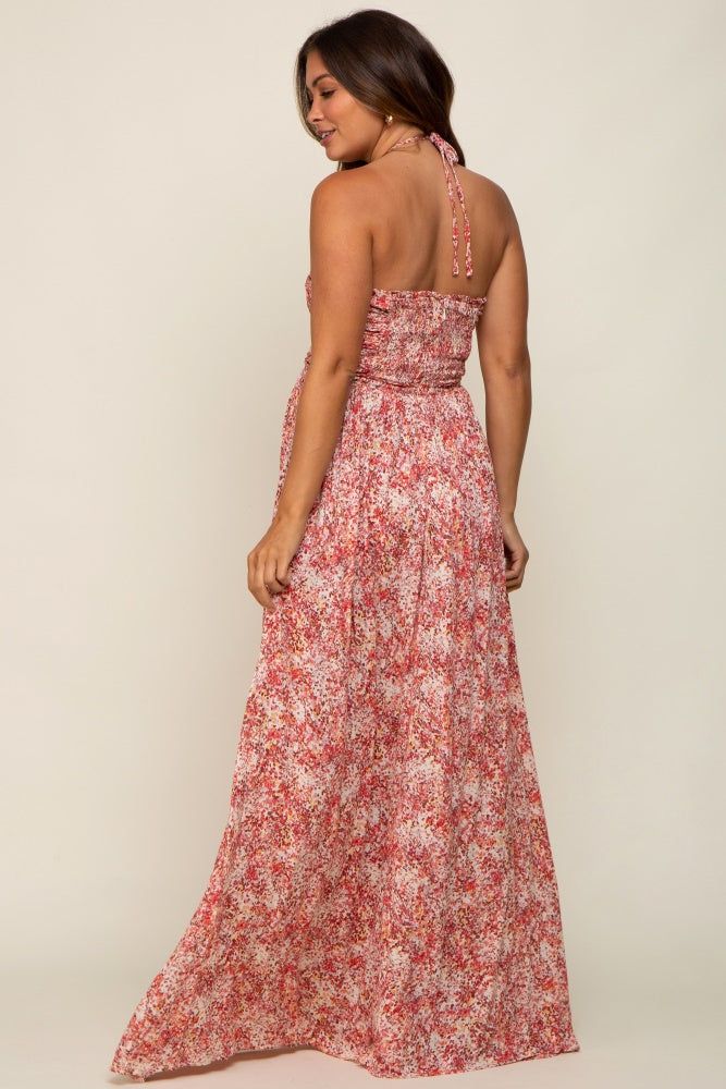 Red Smocked Halter Maternity Midi Dress sold by Pinkblush product image thumbnail 4