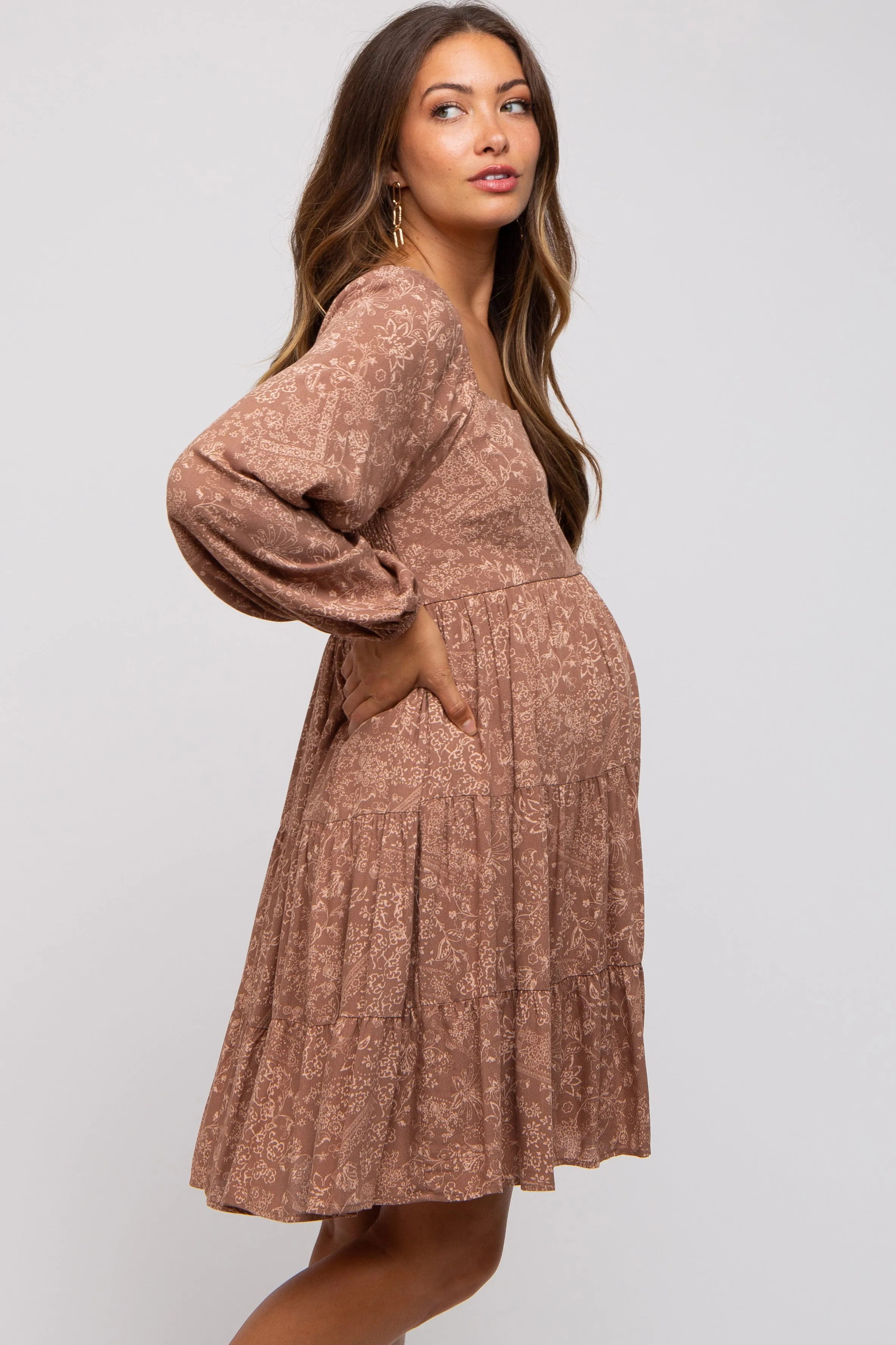 Mocha Floral Tier Long Sleeve Maternity Dress sold by Pinkblush product image thumbnail 4