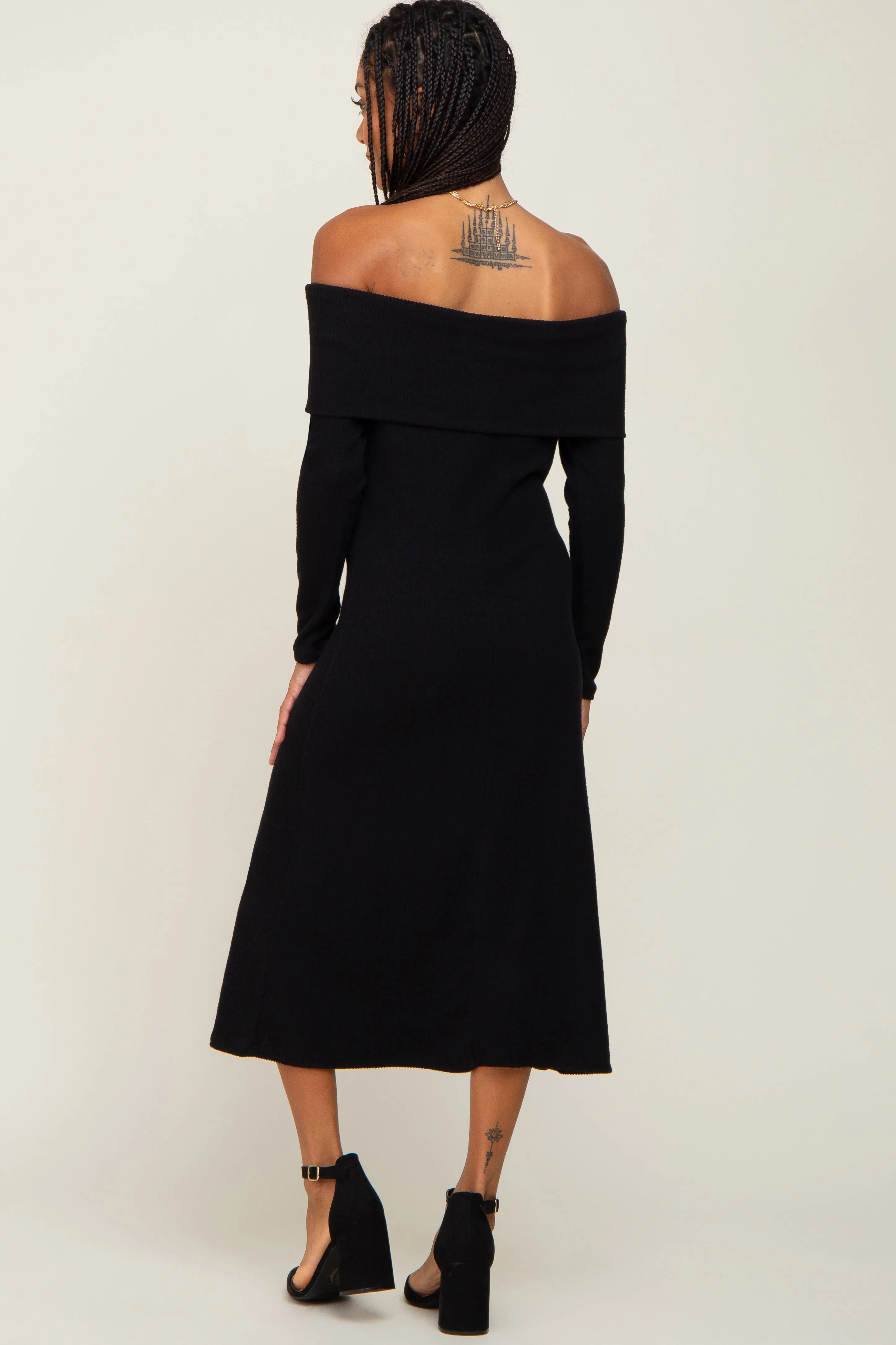 Black Ribbed Knit Foldover Off Shoulder Midi Dress sold by Pinkblush product image thumbnail 3