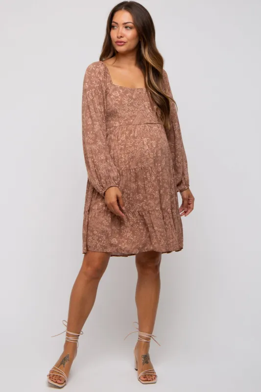 Mocha Floral Tier Long Sleeve Maternity Dress sold by Pinkblush