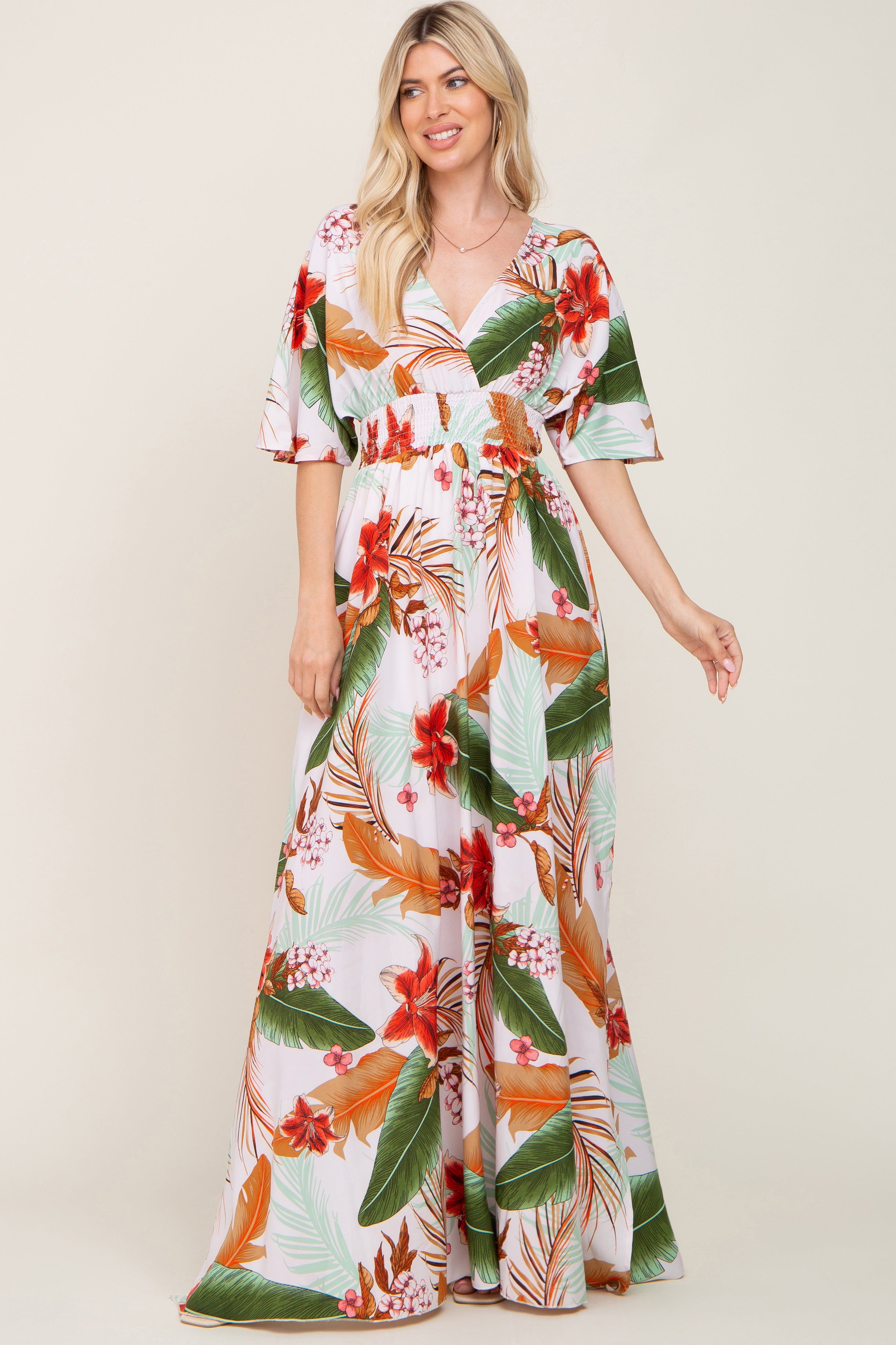 White Floral Smocked Waist Maxi Dress sold by Pinkblush