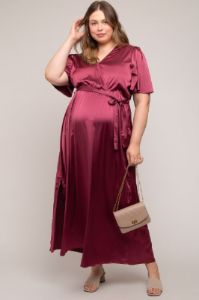 Burgundy Satin Wrap Plus Maternity/Nursing Dress sold by Pinkblush