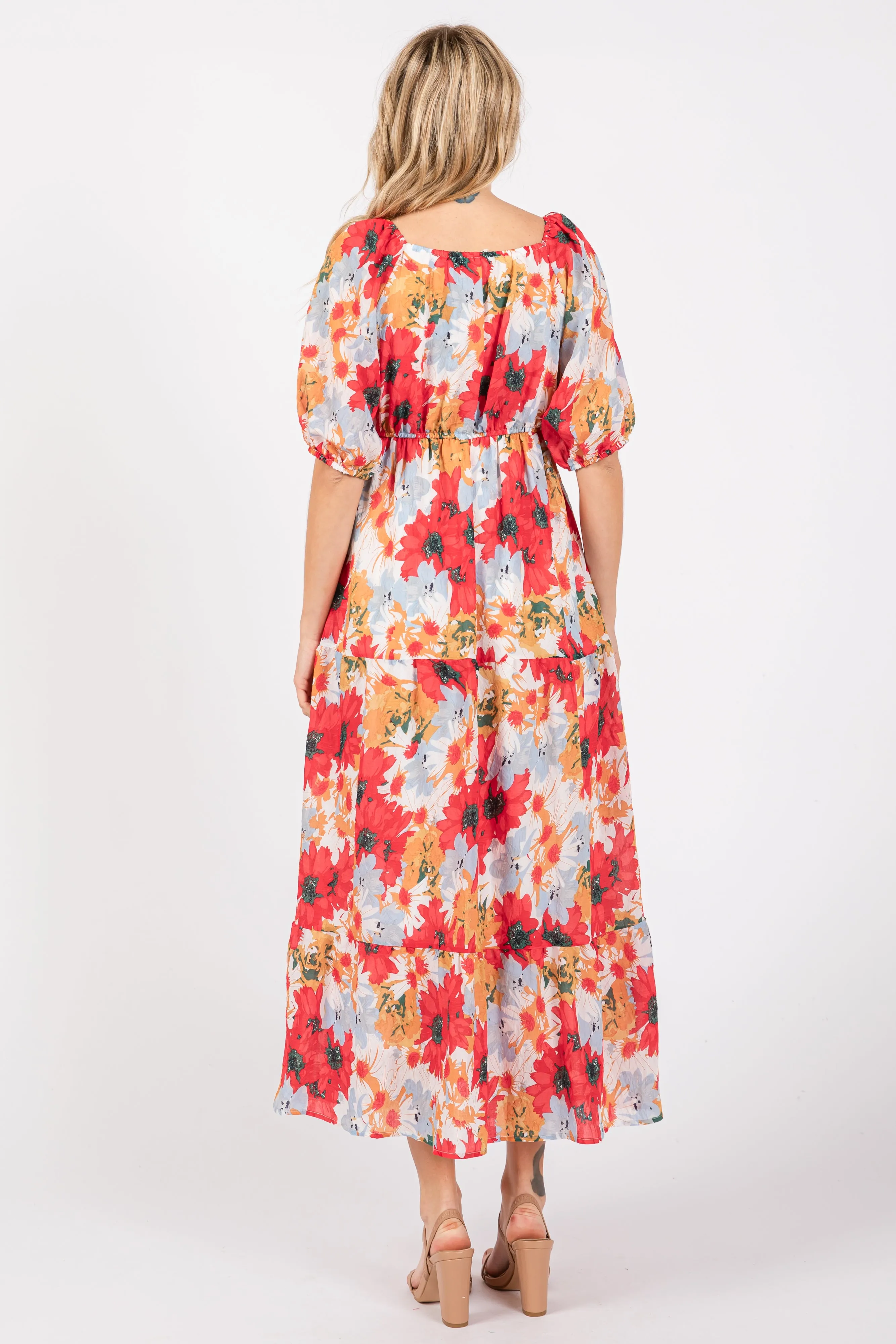 Red Floral V-Neck Short Puff Sleeve Tiered Midi Dress sold by Pinkblush product image thumbnail 3
