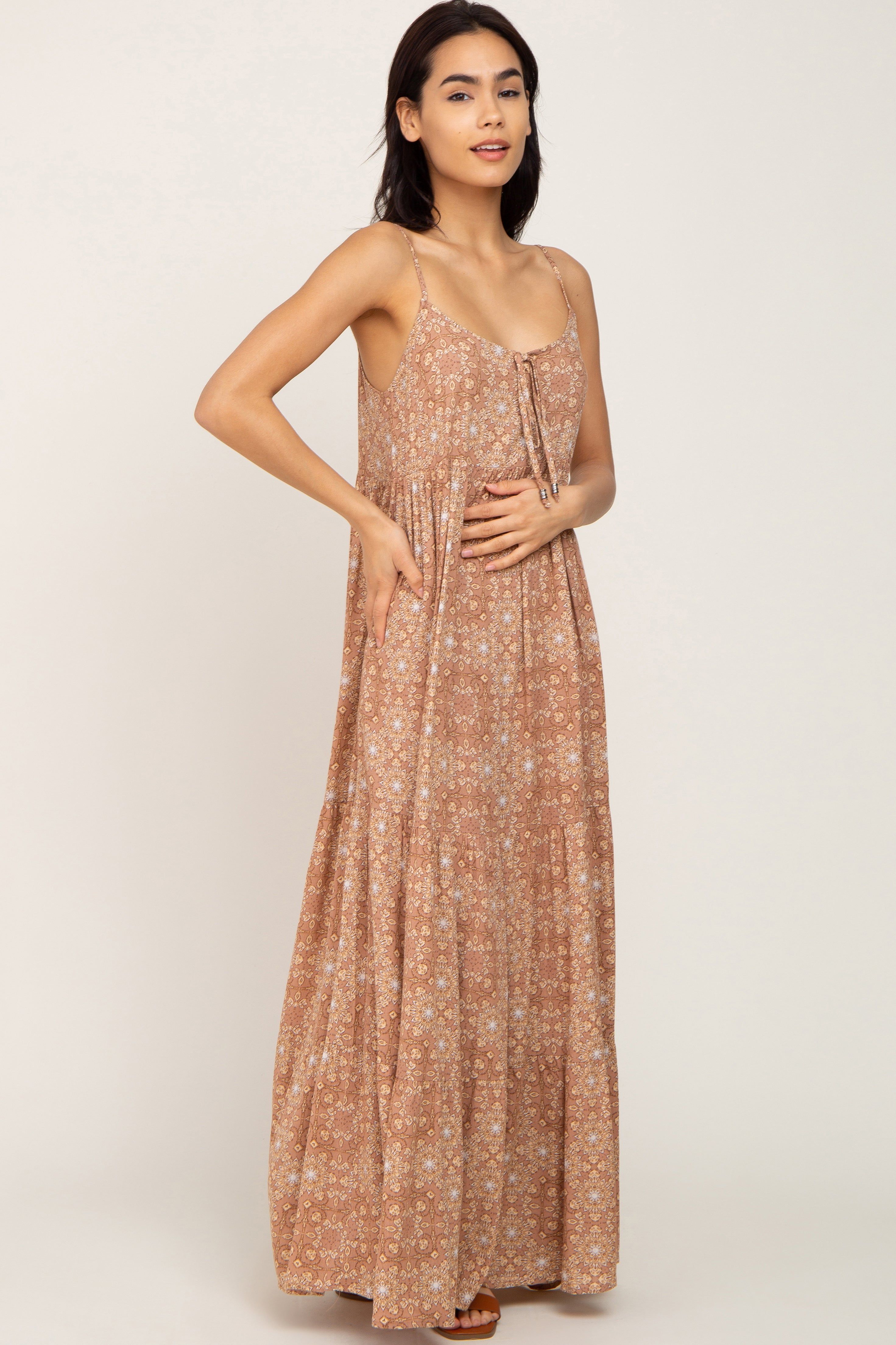 Camel Floral Tiered Front Tie Maxi Dress sold by Pinkblush