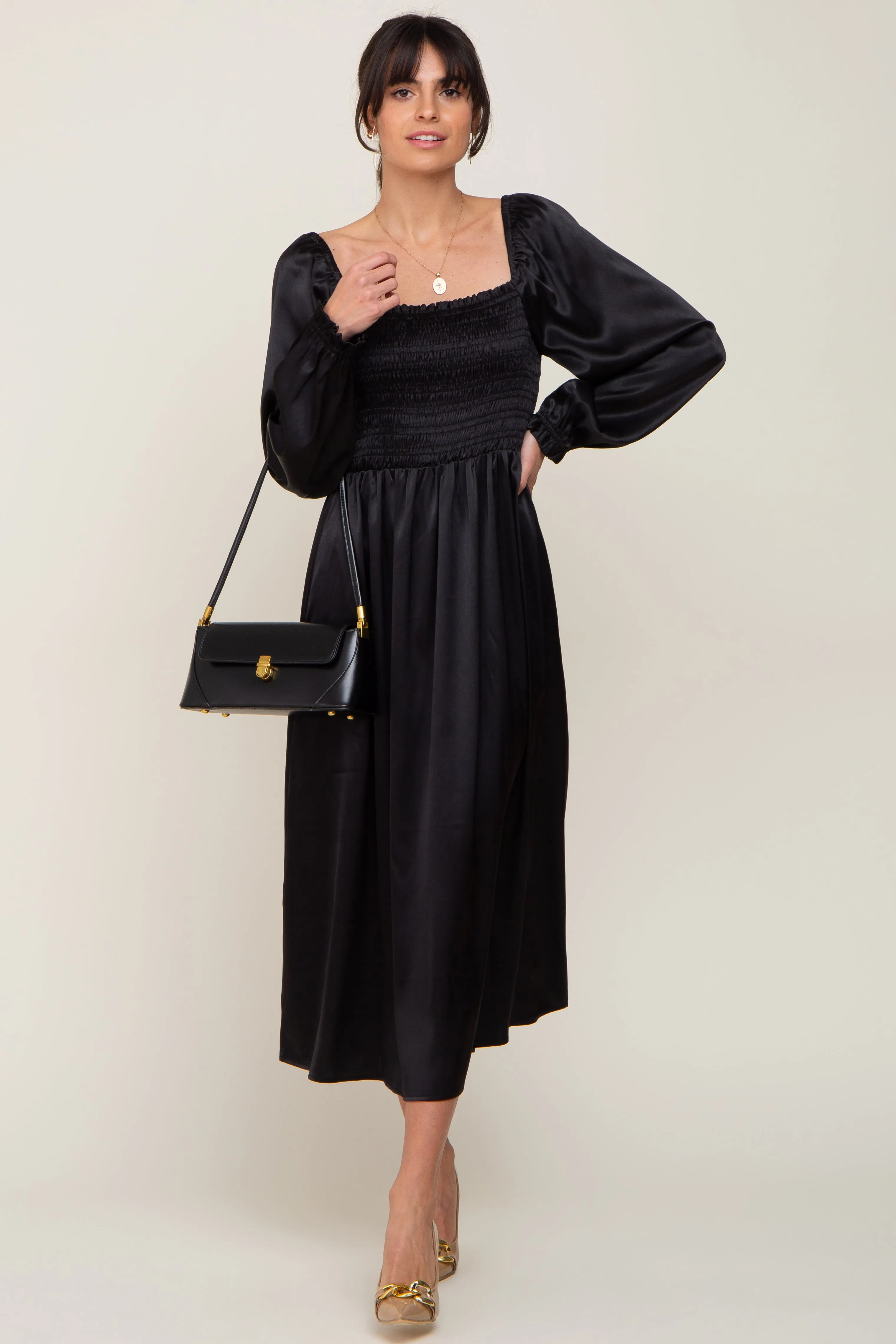 Black Smocked Square Neck Satin Maternity Midi Dress sold by Pinkblush product image thumbnail 5