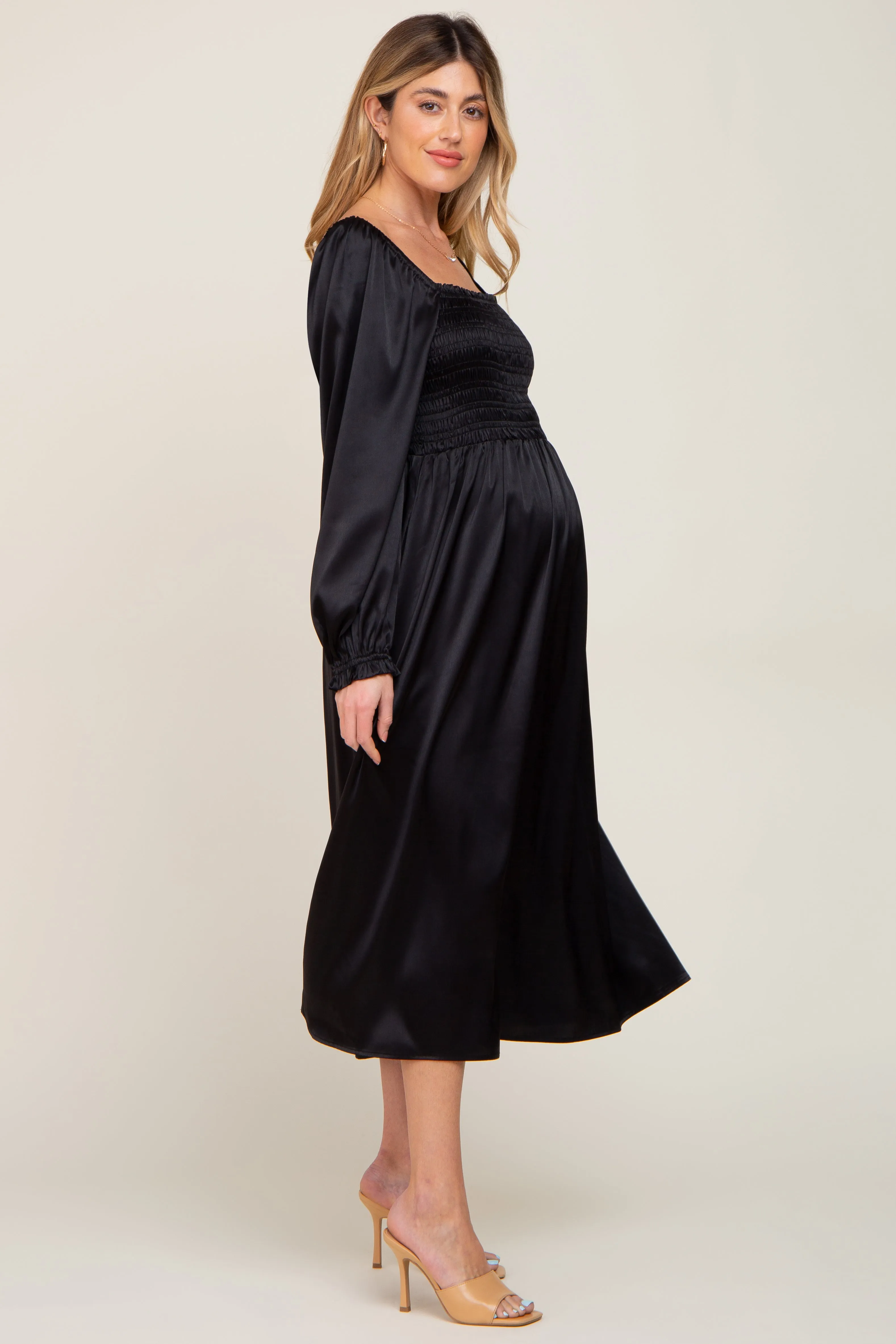 Black Smocked Square Neck Satin Maternity Midi Dress sold by Pinkblush product image thumbnail 2