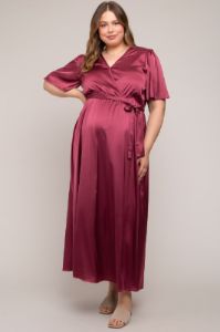 Burgundy Satin Wrap Plus Maternity/Nursing Dress sold by Pinkblush