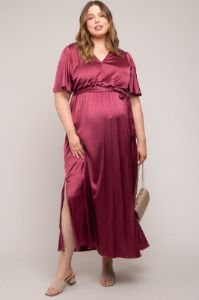 Burgundy Satin Wrap Plus Maternity/Nursing Dress sold by Pinkblush