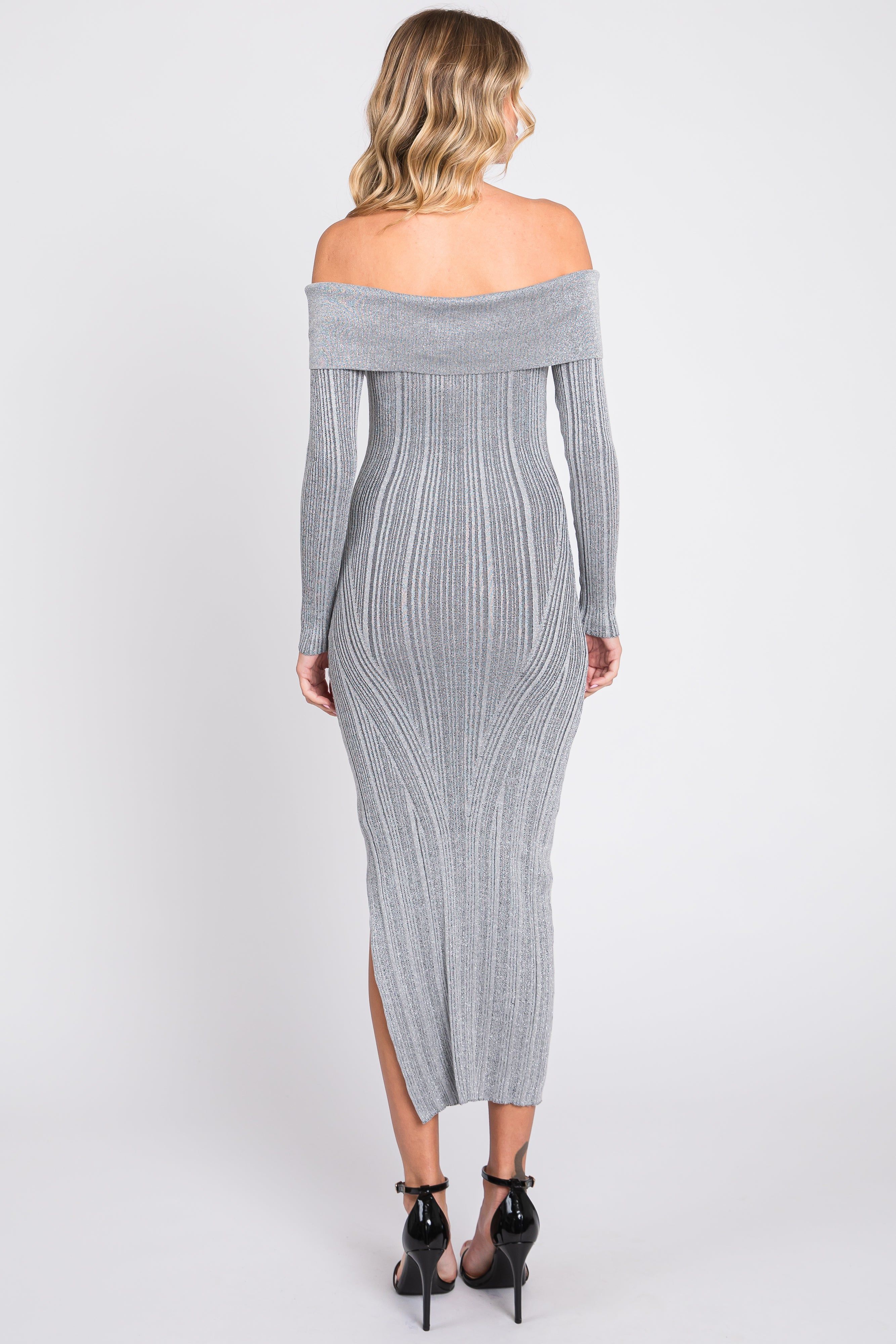 Grey Metallic Ribbed Side Slit Off Shoulder Midi Dress sold by Pinkblush product image thumbnail 3