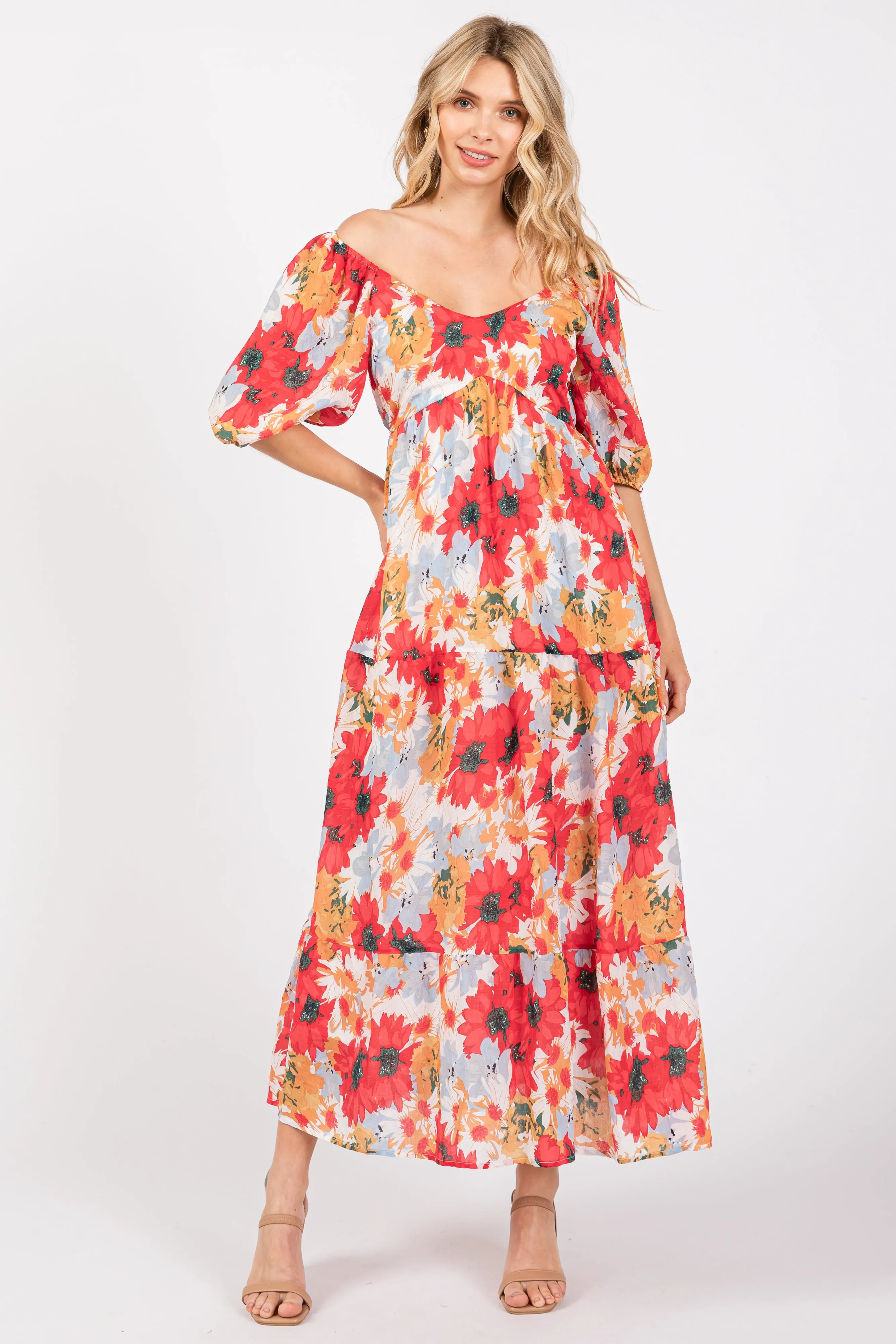 Red Floral V-Neck Short Puff Sleeve Tiered Midi Dress sold by Pinkblush product image thumbnail 4