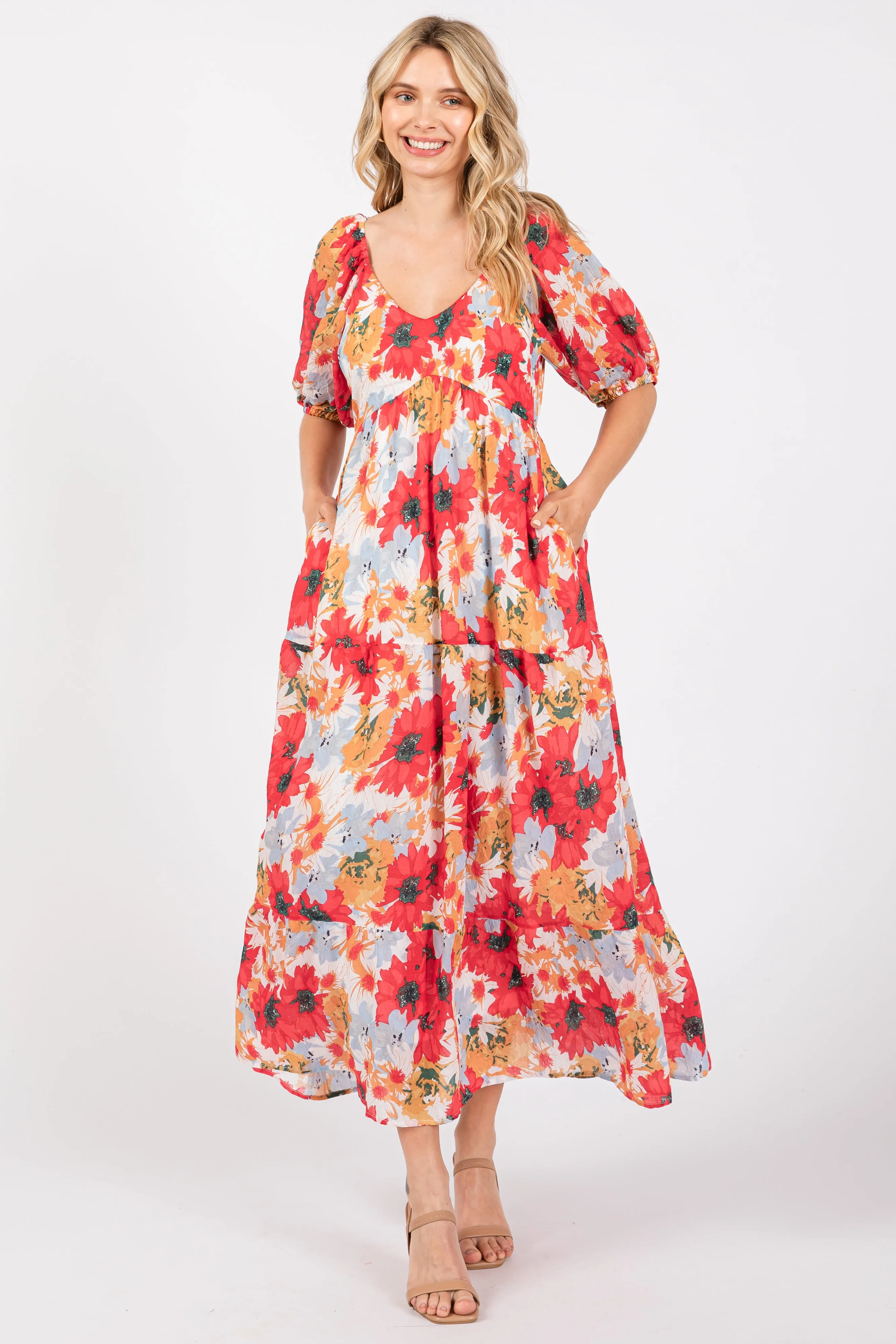 Red Floral V-Neck Short Puff Sleeve Tiered Midi Dress sold by Pinkblush