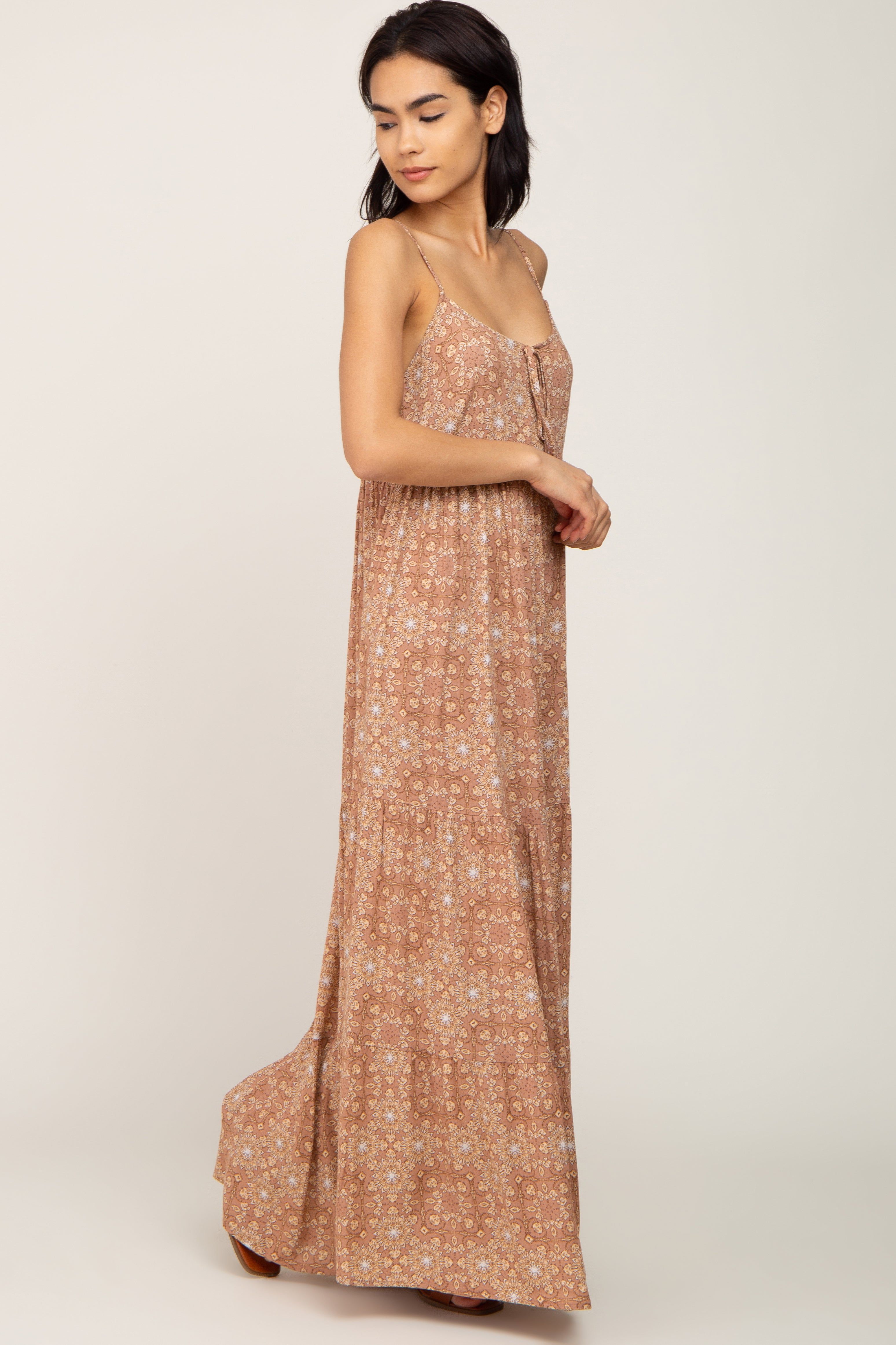 Camel Floral Tiered Front Tie Maxi Dress sold by Pinkblush product image thumbnail 2