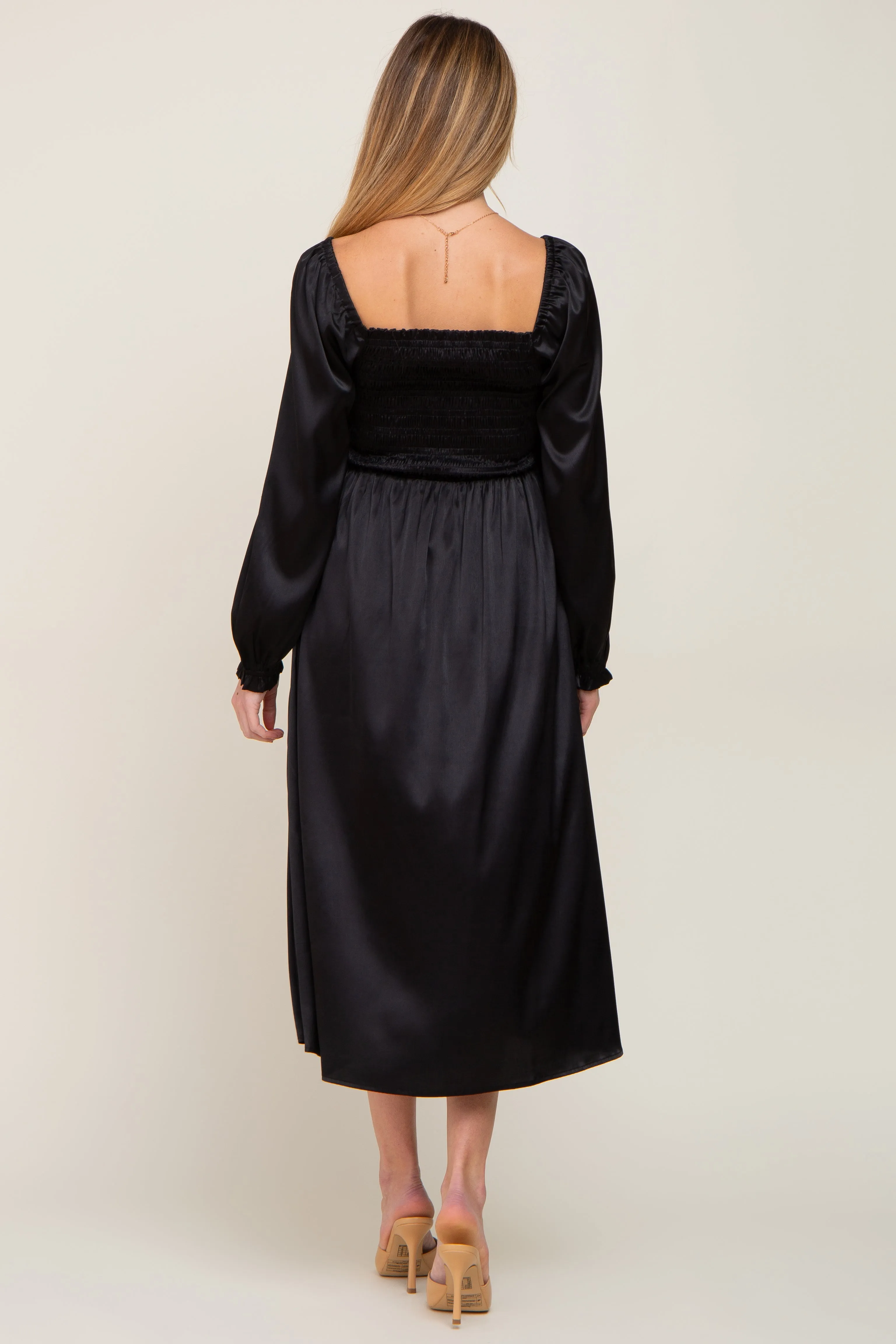 Black Smocked Square Neck Satin Maternity Midi Dress sold by Pinkblush product image thumbnail 3