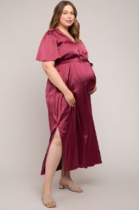 Burgundy Satin Wrap Plus Maternity/Nursing Dress sold by Pinkblush