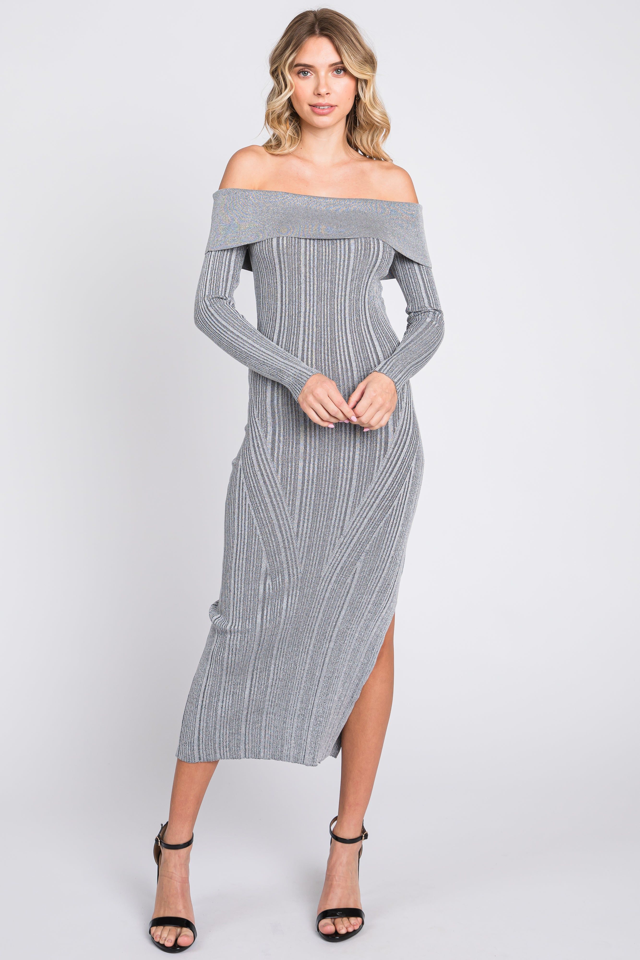 Grey Metallic Ribbed Side Slit Off Shoulder Midi Dress sold by Pinkblush