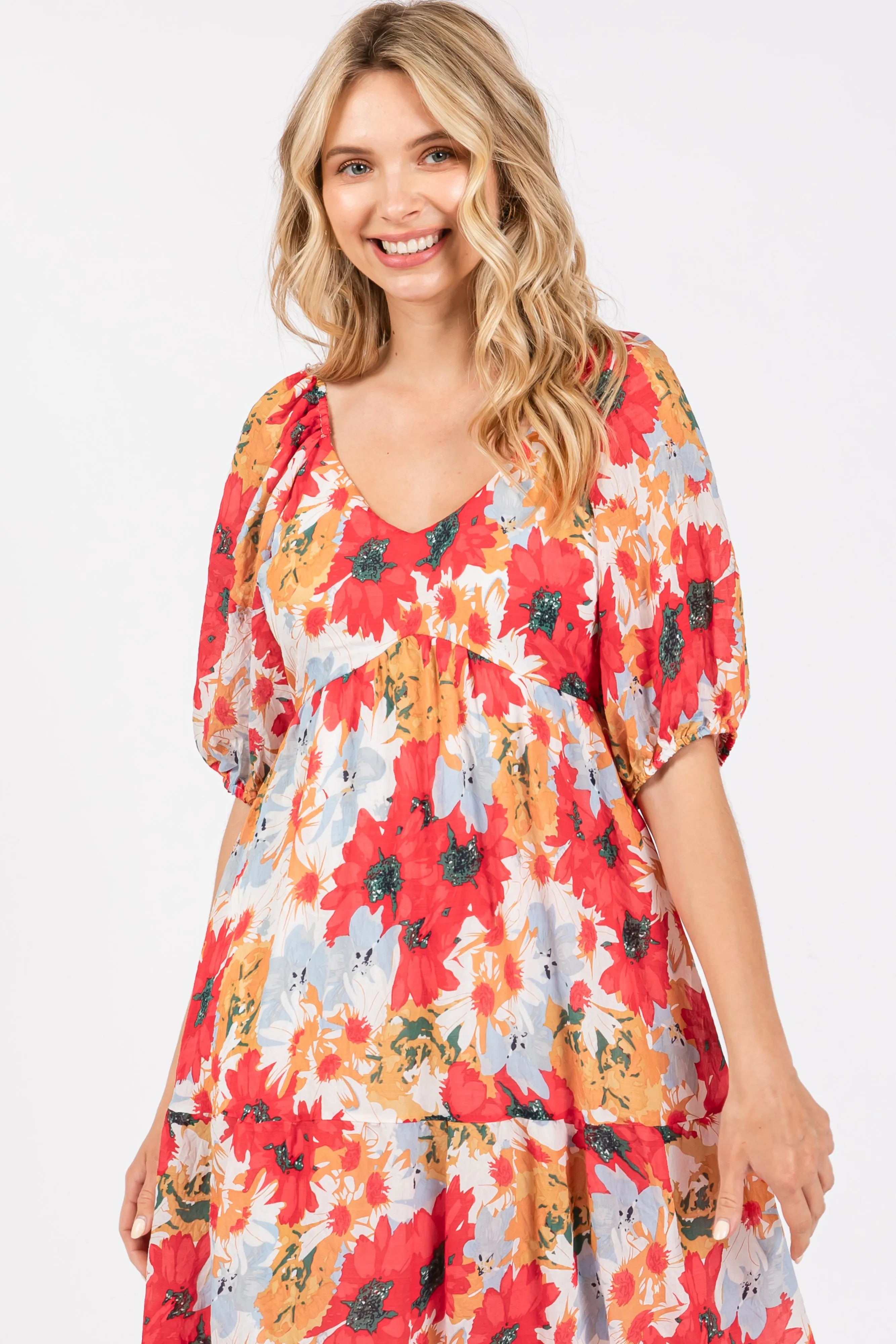 Red Floral V-Neck Short Puff Sleeve Tiered Midi Dress sold by Pinkblush product image thumbnail 5