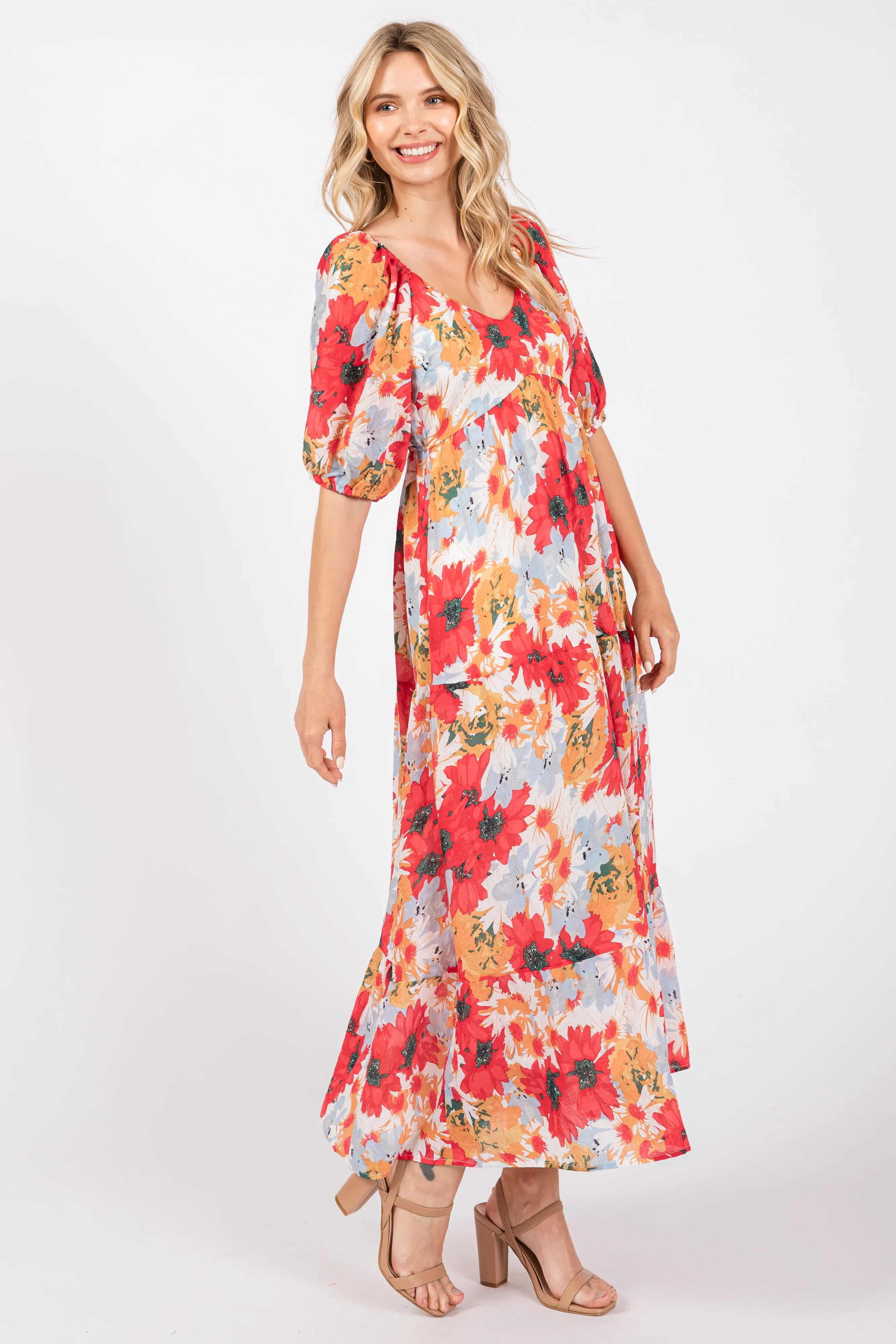 Red Floral V-Neck Short Puff Sleeve Tiered Midi Dress sold by Pinkblush product image thumbnail 2