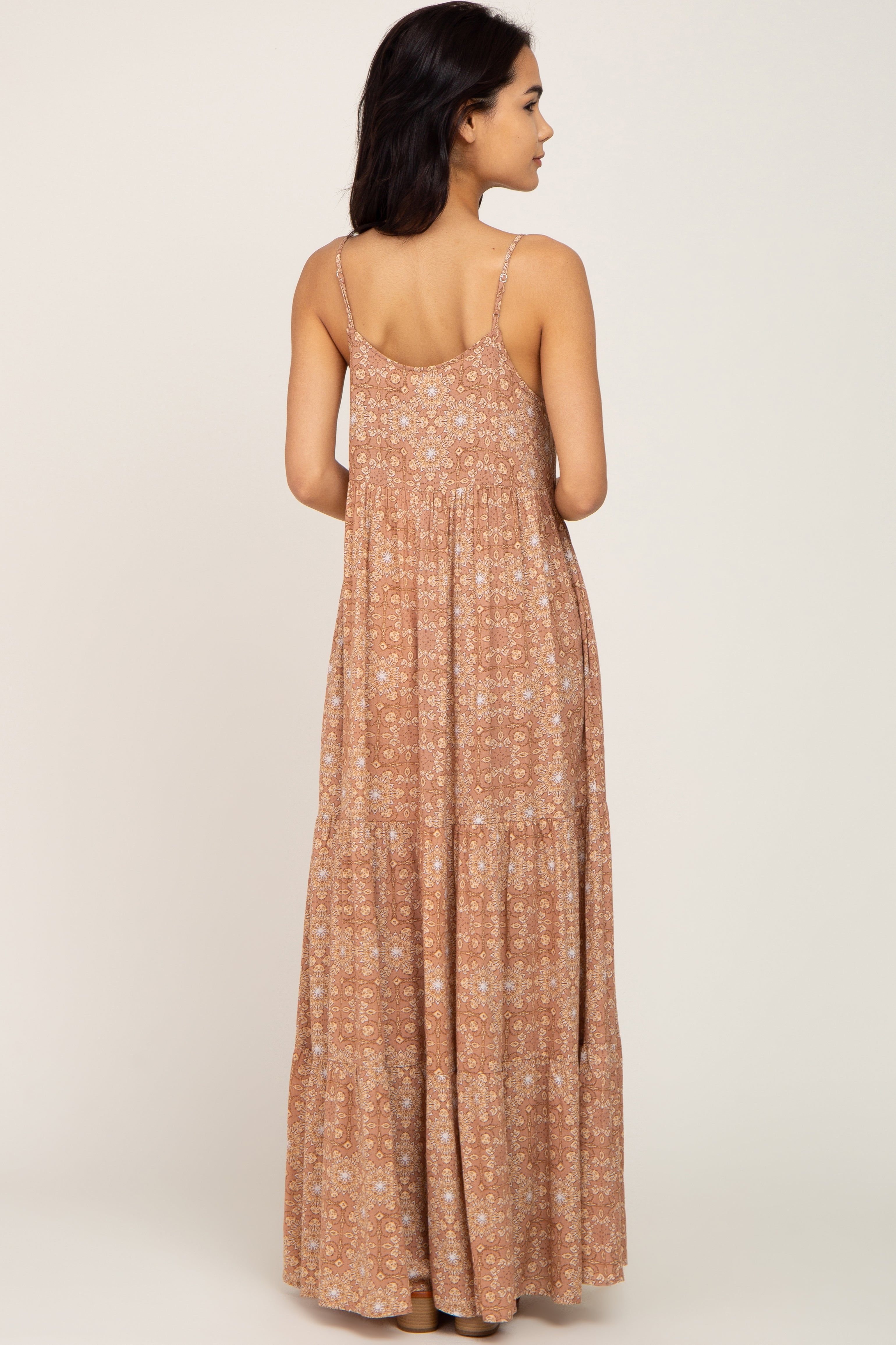 Camel Floral Tiered Front Tie Maxi Dress sold by Pinkblush product image thumbnail 3