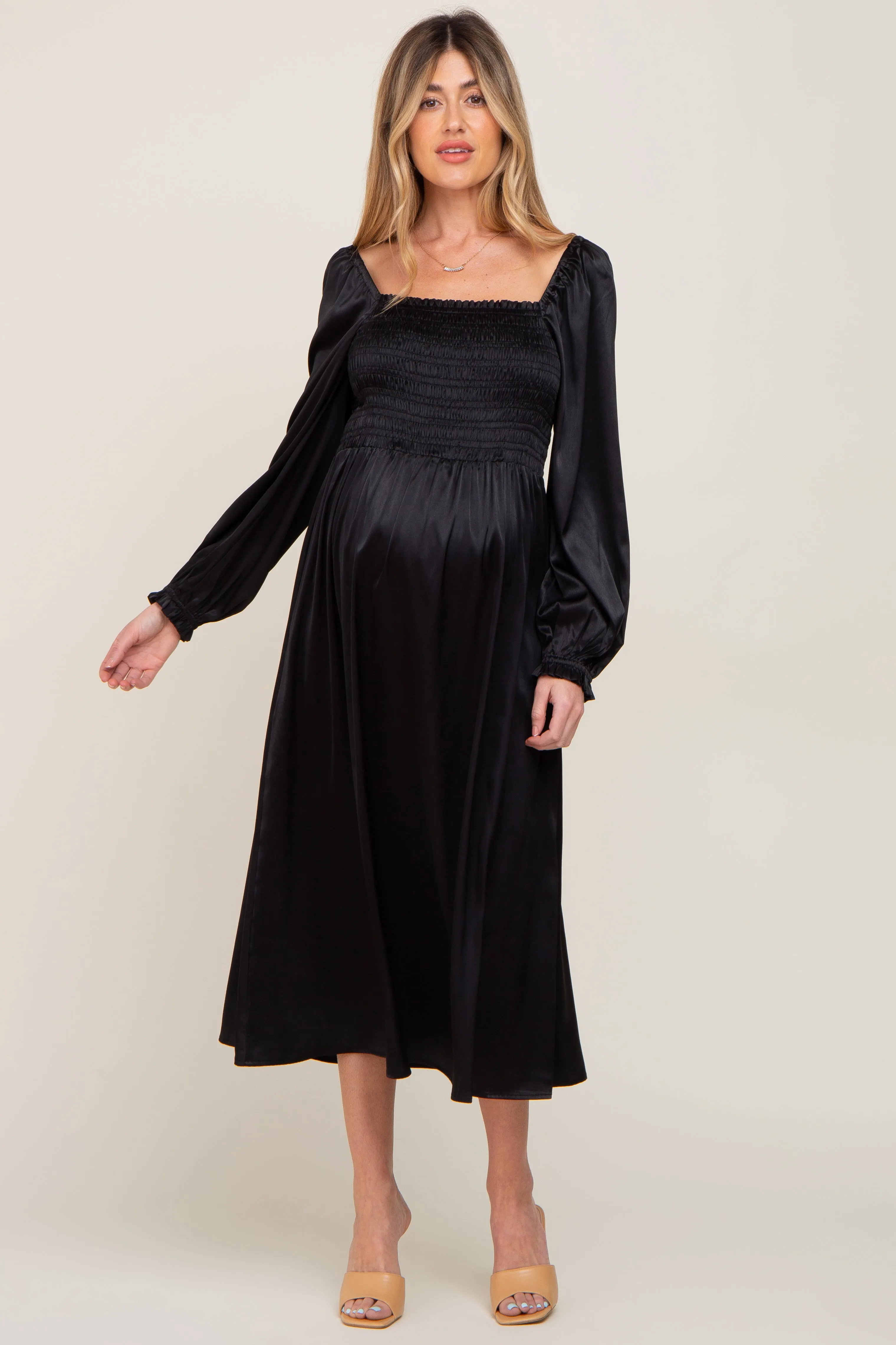 Black Smocked Square Neck Satin Maternity Midi Dress sold by Pinkblush product image thumbnail 4