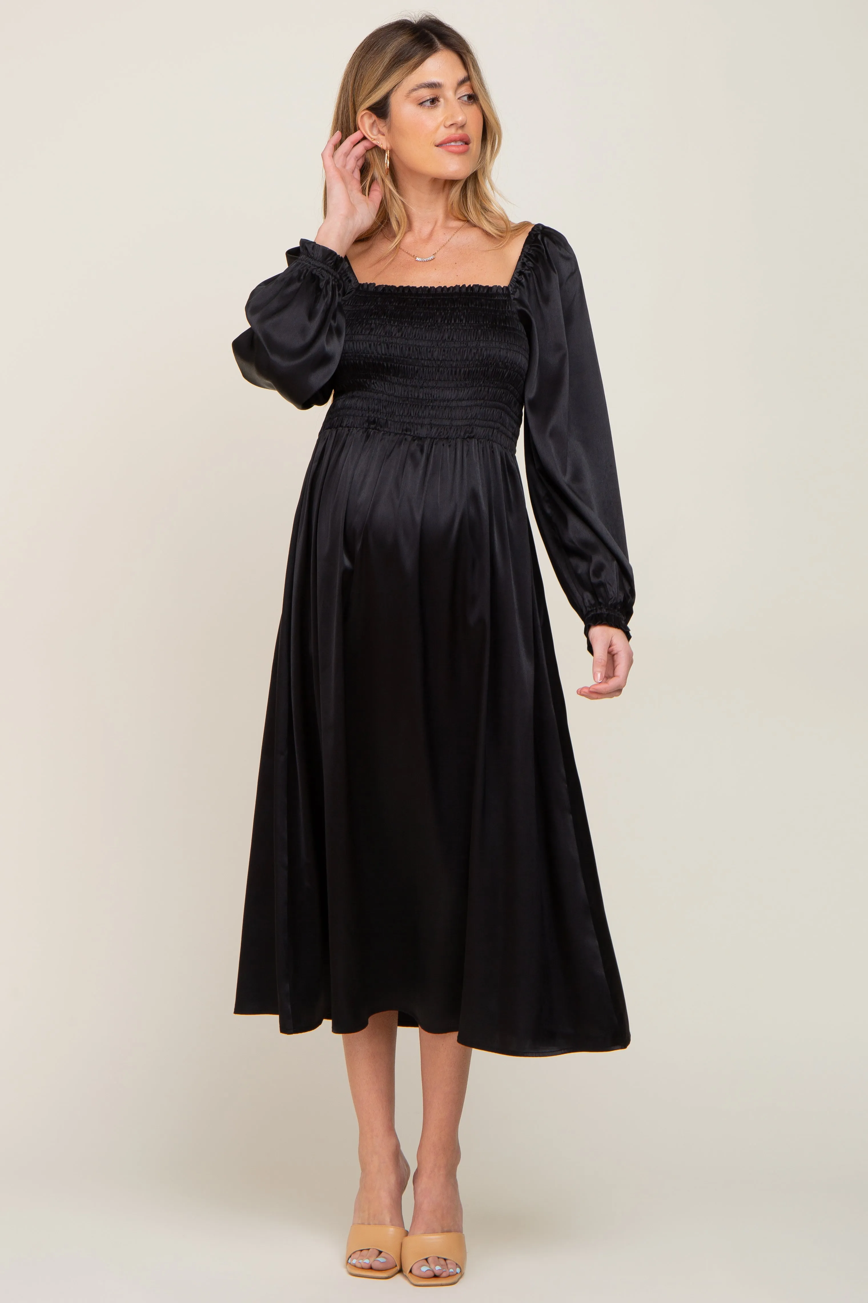Black Smocked Square Neck Satin Maternity Midi Dress sold by Pinkblush