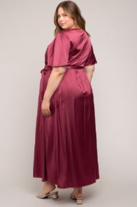 Burgundy Satin Wrap Plus Maternity/Nursing Dress sold by Pinkblush