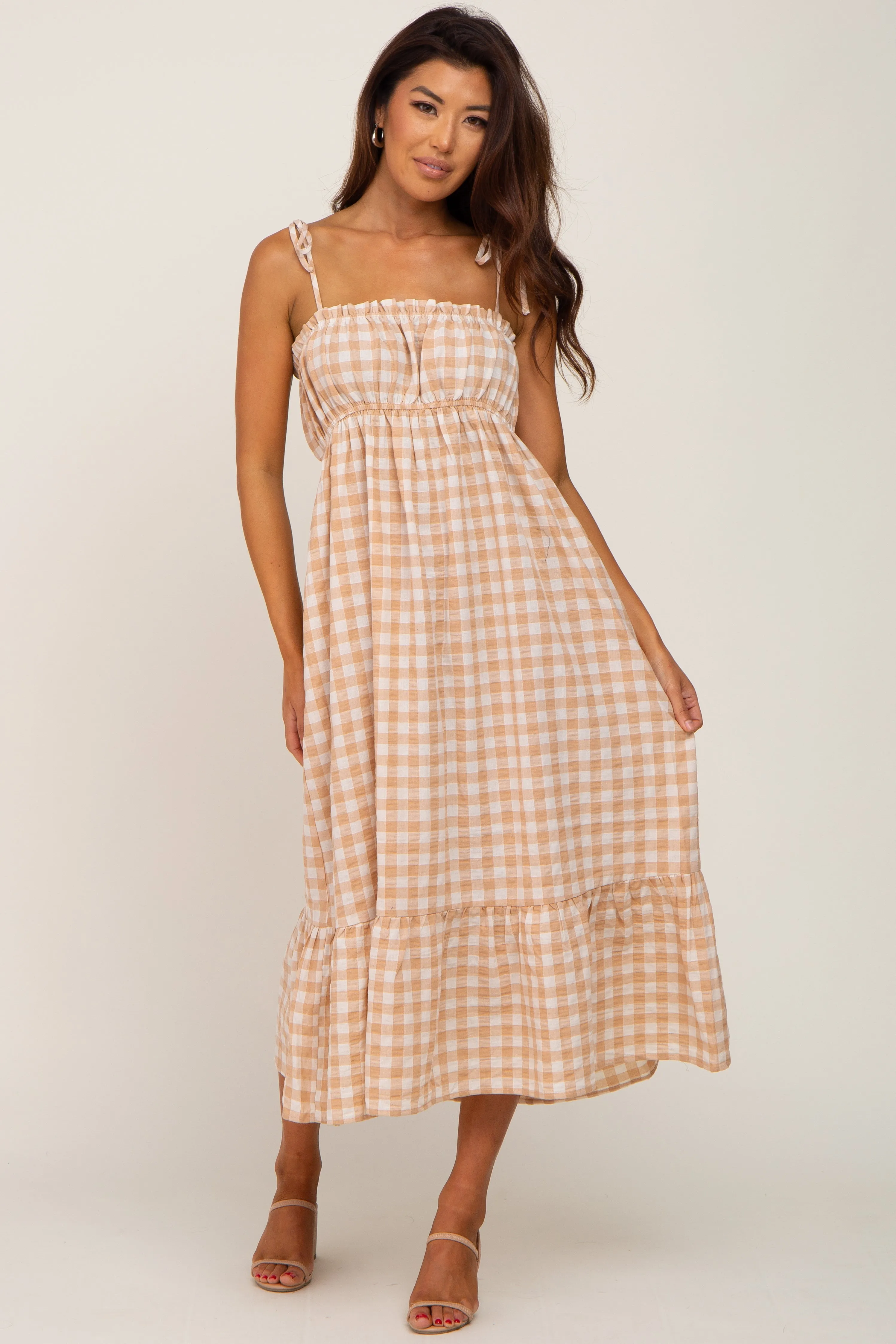 Taupe Gingham Square Neck Tie Strap Maternity Midi Dress sold by Pinkblush product image thumbnail 4