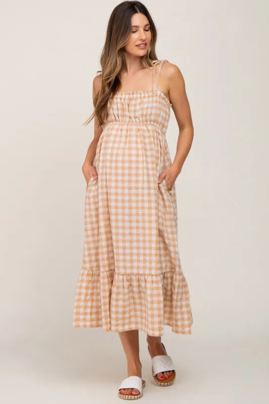 Taupe Gingham Square Neck Tie Strap Maternity Midi Dress sold by Pinkblush
