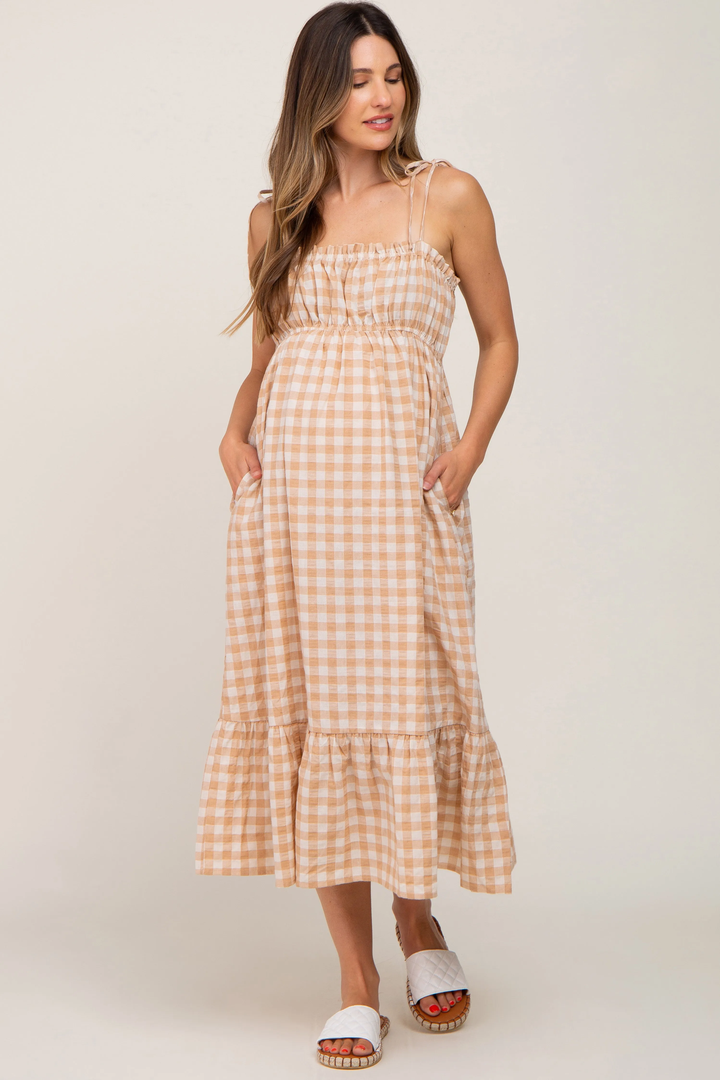 Taupe Gingham Square Neck Tie Strap Maternity Midi Dress sold by Pinkblush