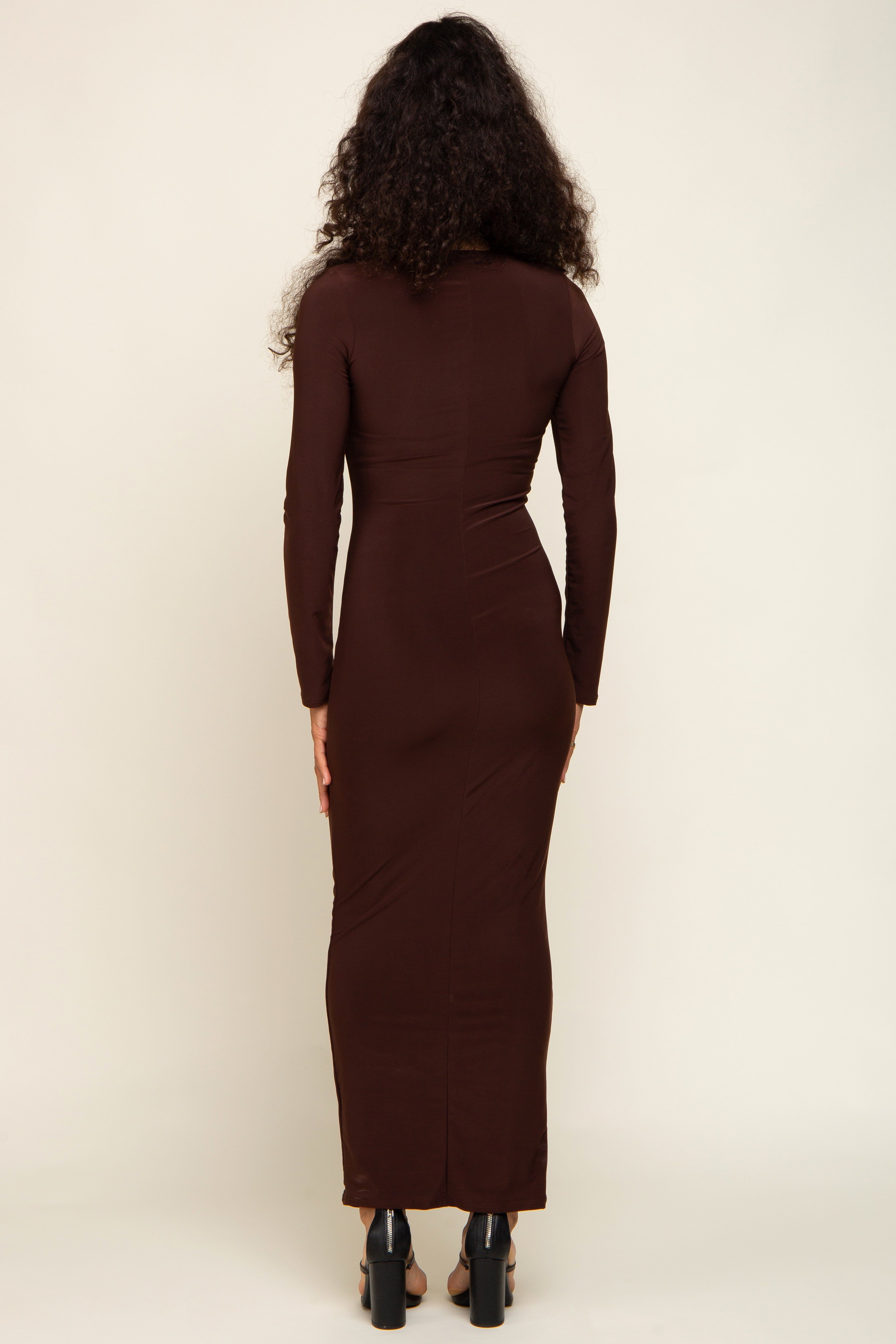 Brown Square Neck Fitted Long Sleeve Maxi Dress sold by Pinkblush product image thumbnail 3