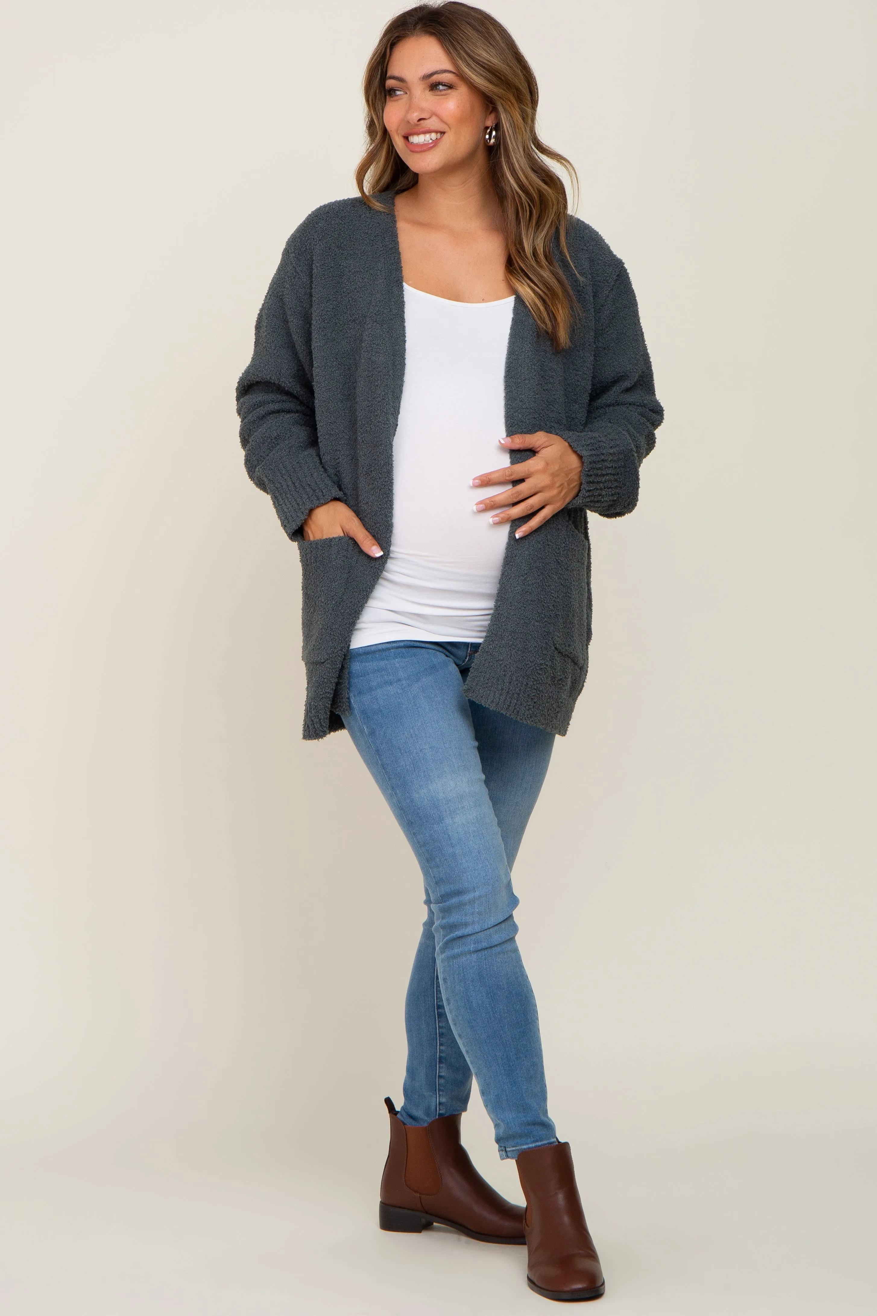 Olive Fuzzy Knit Front Pocket Maternity Cardigan sold by Pinkblush product image thumbnail 4