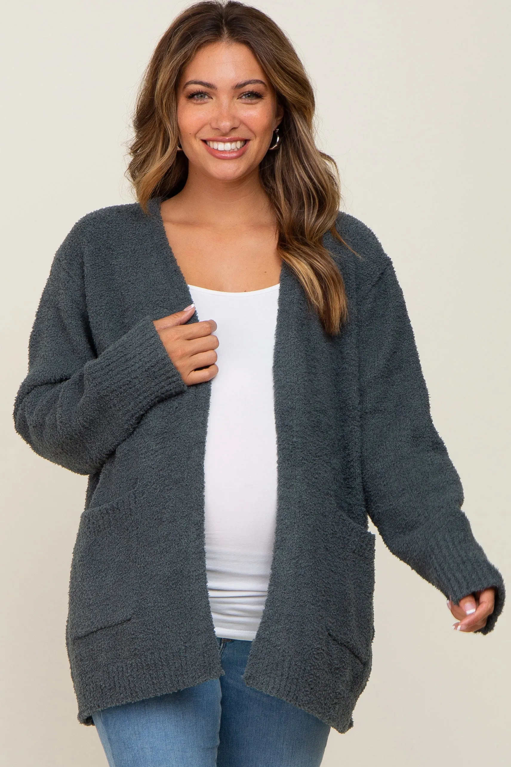Olive Fuzzy Knit Front Pocket Maternity Cardigan sold by Pinkblush