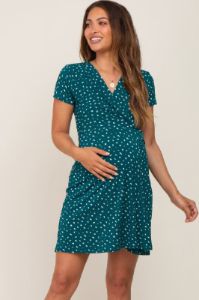 Teal Wrap Front V-Neck Short Sleeve Maternity Dress sold by Pinkblush