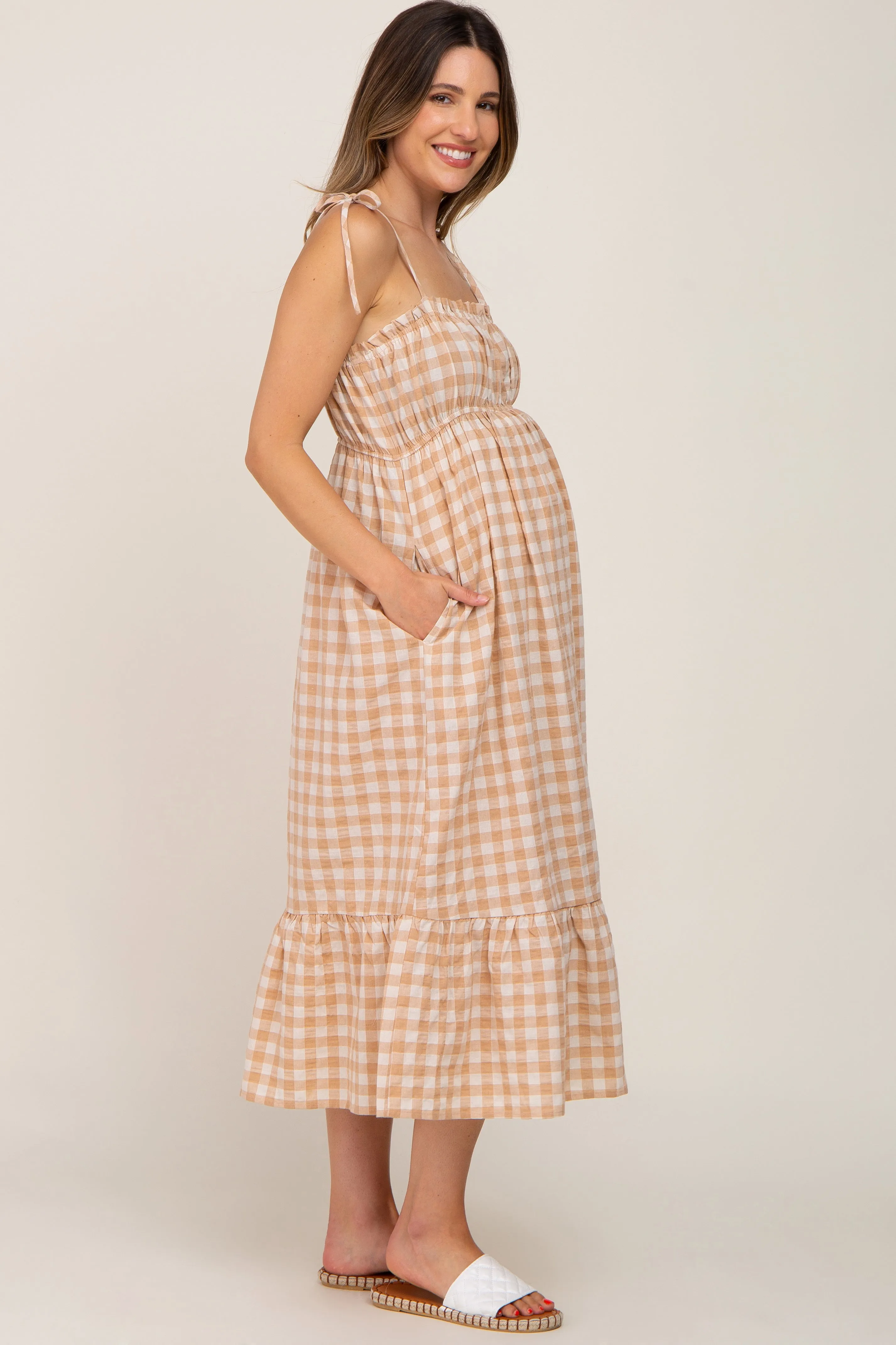Taupe Gingham Square Neck Tie Strap Maternity Midi Dress sold by Pinkblush product image thumbnail 2