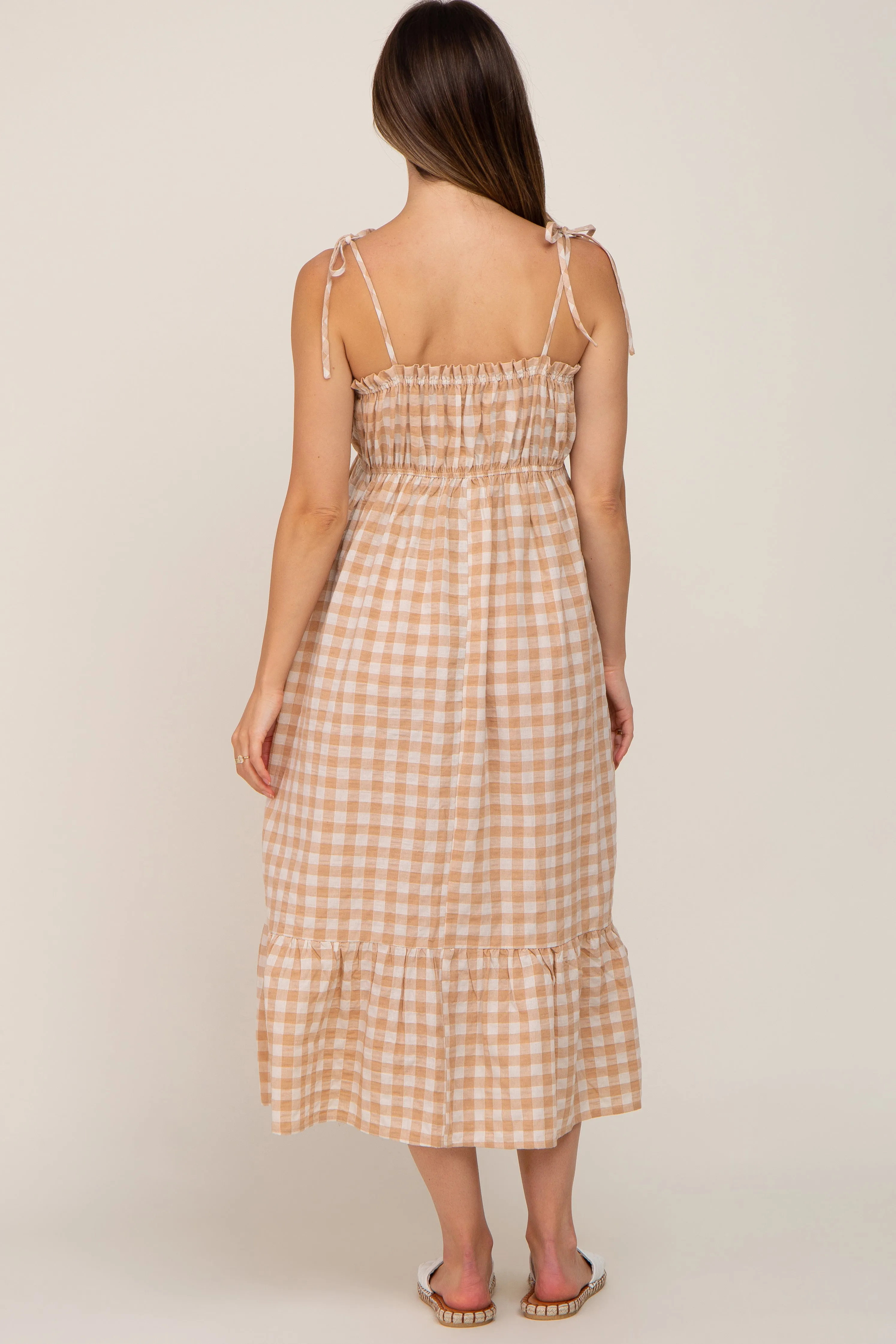 Taupe Gingham Square Neck Tie Strap Maternity Midi Dress sold by Pinkblush product image thumbnail 3