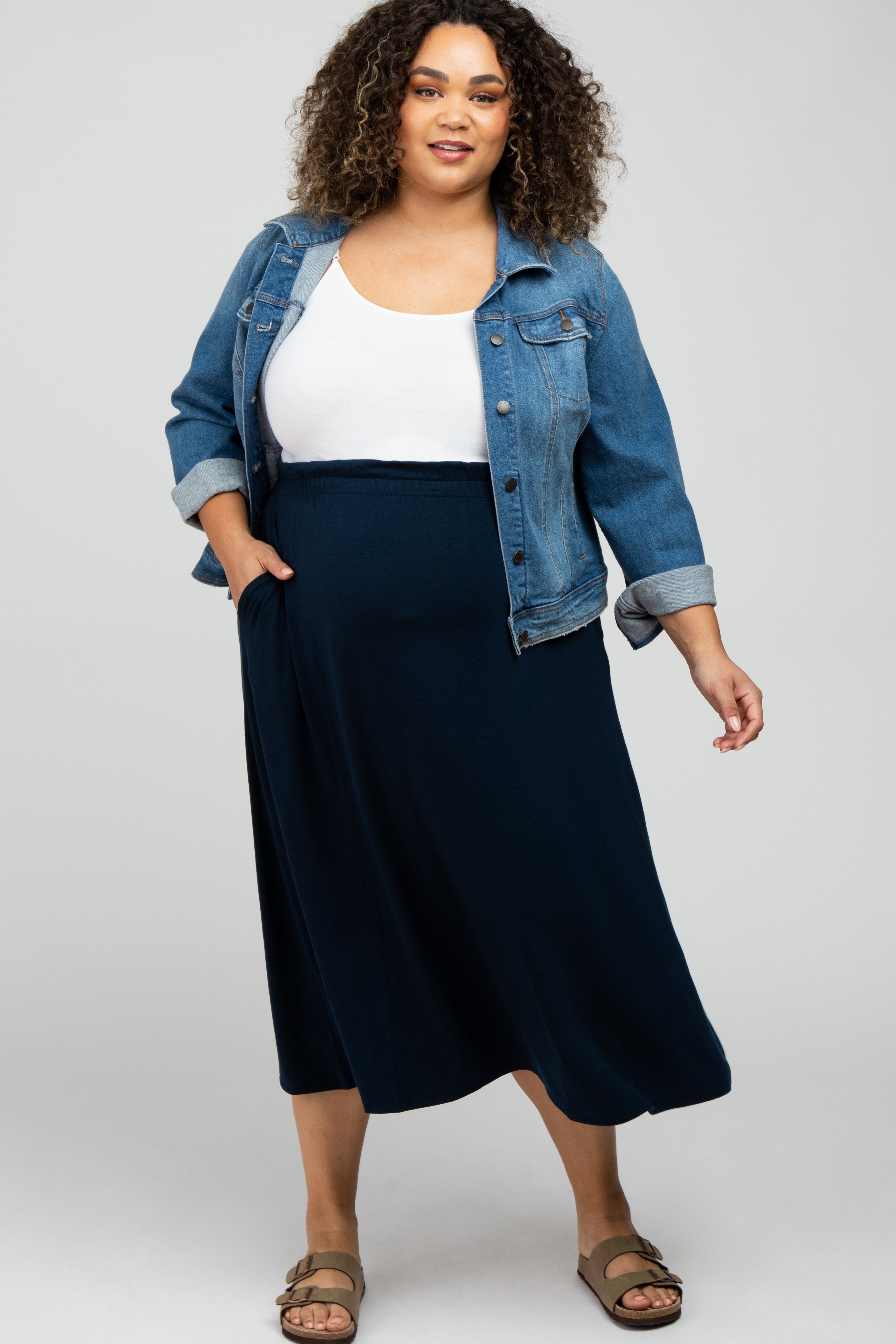 Navy Blue Gathered Waist Maternity Plus Midi Skirt sold by Pinkblush