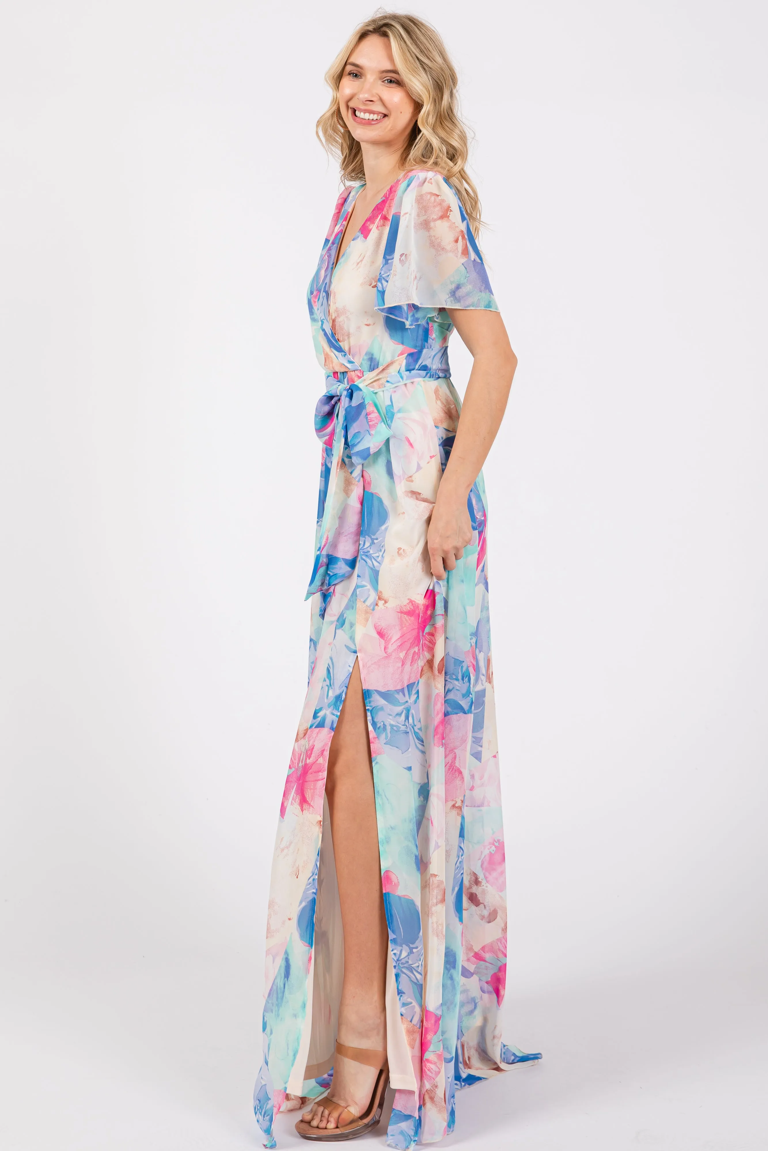 Blue Multicolor Floral Side Slit Wrap Maxi Dress sold by Pinkblush product image thumbnail 2