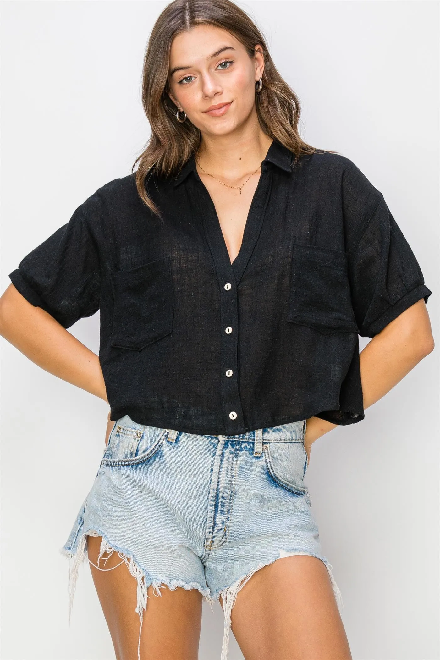 Black Cotton Gauze Crop Shirt sold by Pinkblush