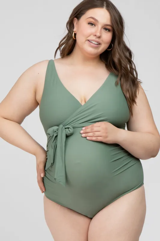 Olive Waist Tie Maternity Plus One-Piece Swimsuit sold by Pinkblush