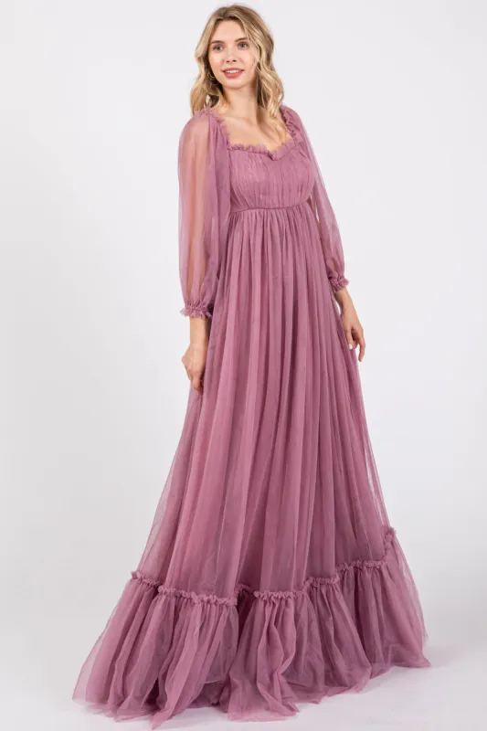 Mauve Sweetheart Neck Off Shoulder Long Sleeve Tulle Maxi Dress sold by Pinkblush
