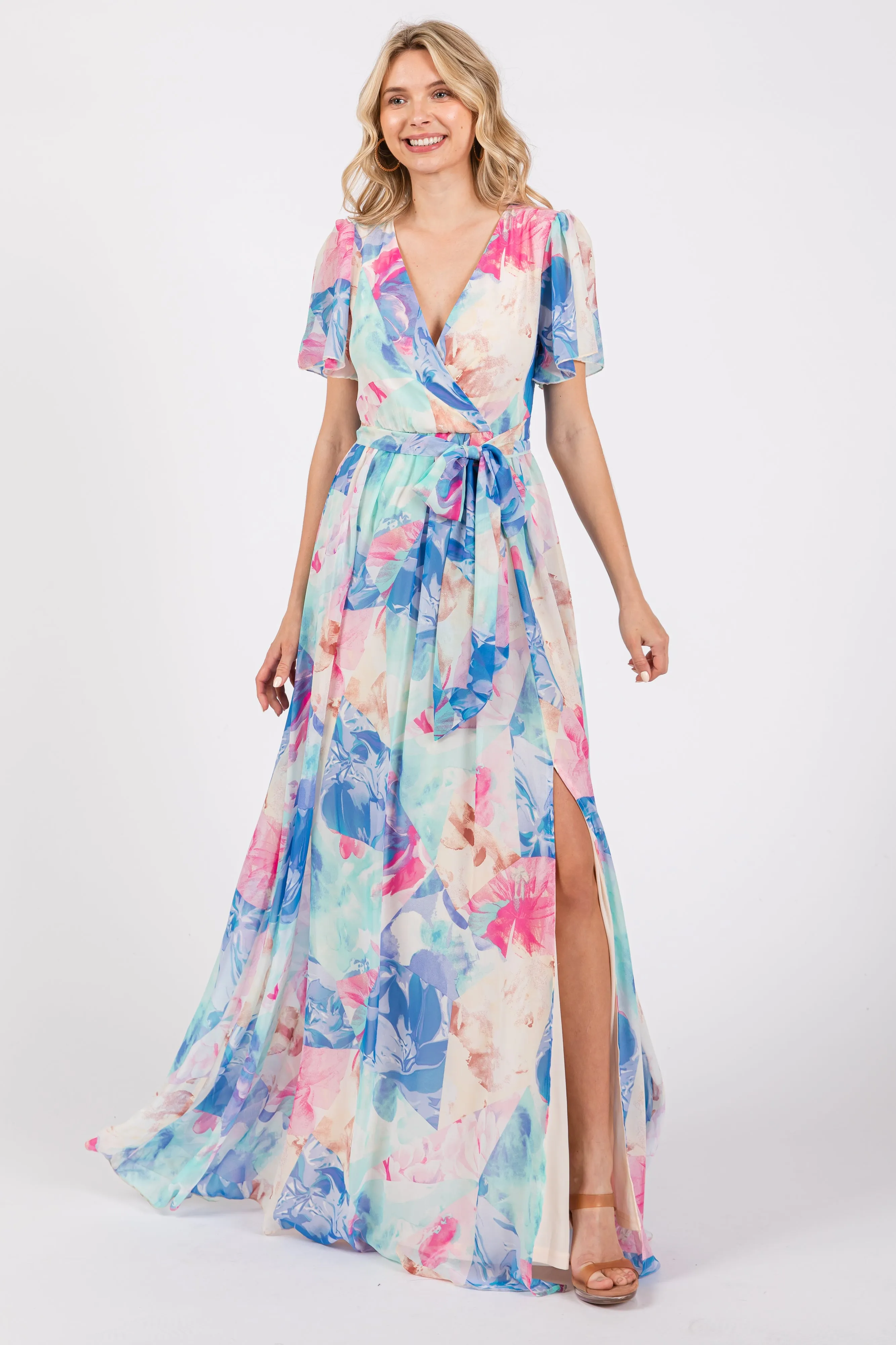 Blue Multicolor Floral Side Slit Wrap Maxi Dress sold by Pinkblush