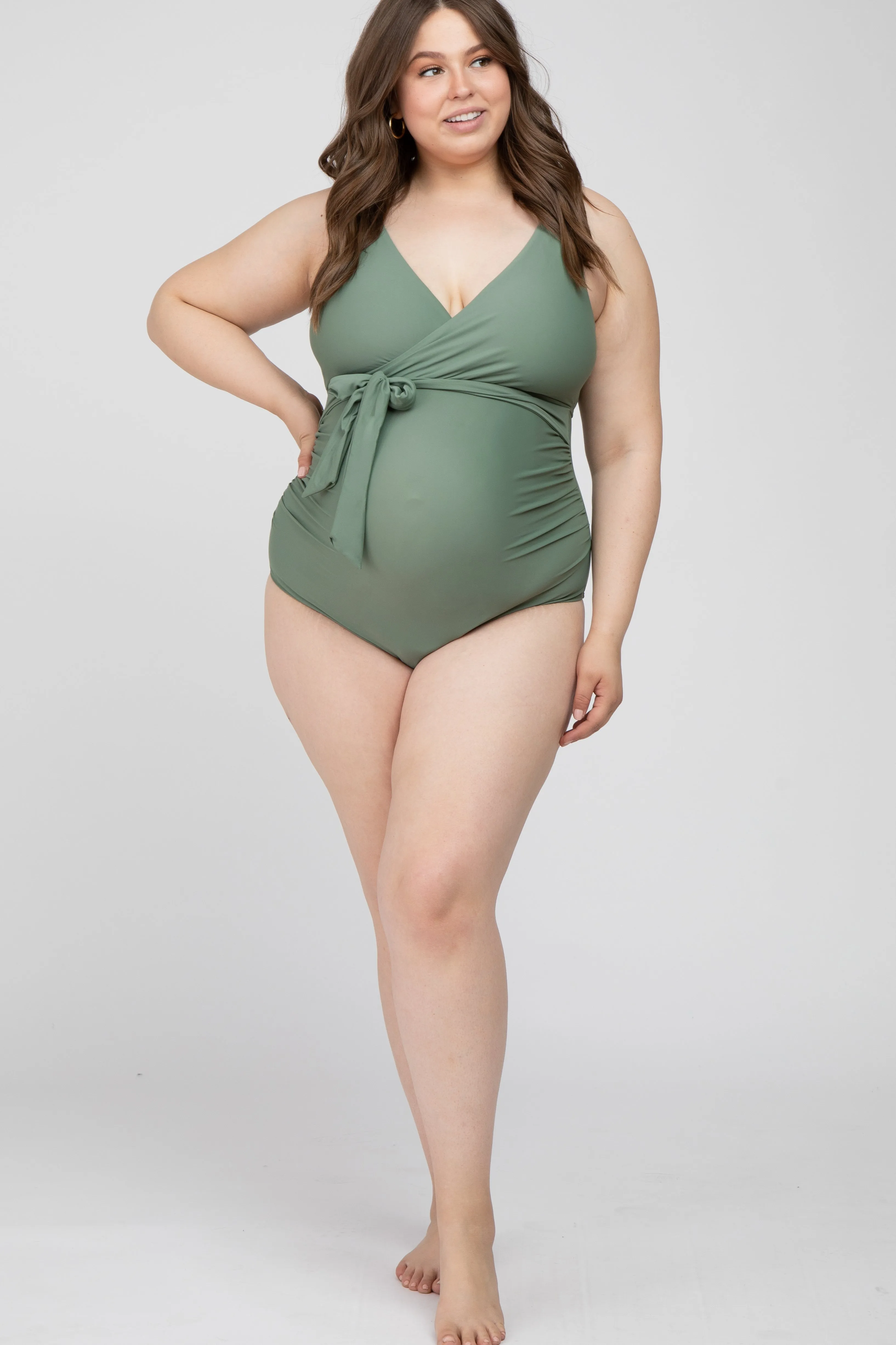 Olive Waist Tie Maternity Plus One-Piece Swimsuit sold by Pinkblush product image thumbnail 2