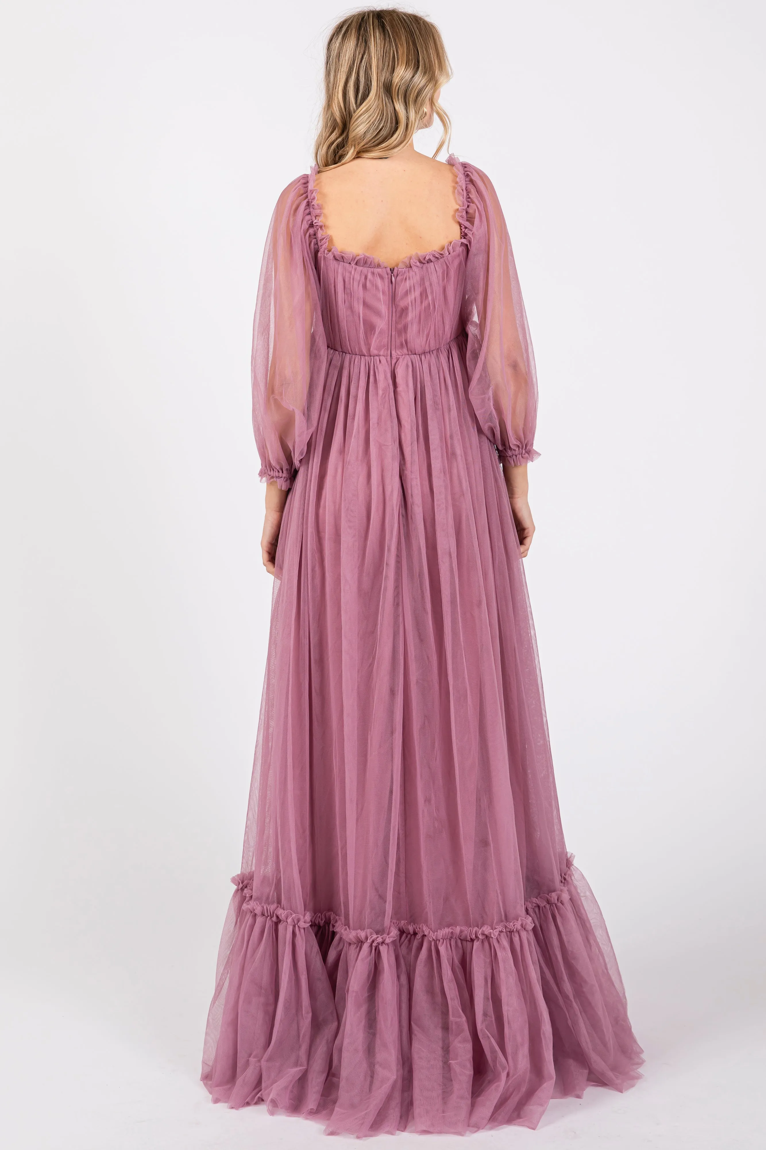 Mauve Sweetheart Neck Off Shoulder Long Sleeve Tulle Maxi Dress sold by Pinkblush product image thumbnail 2