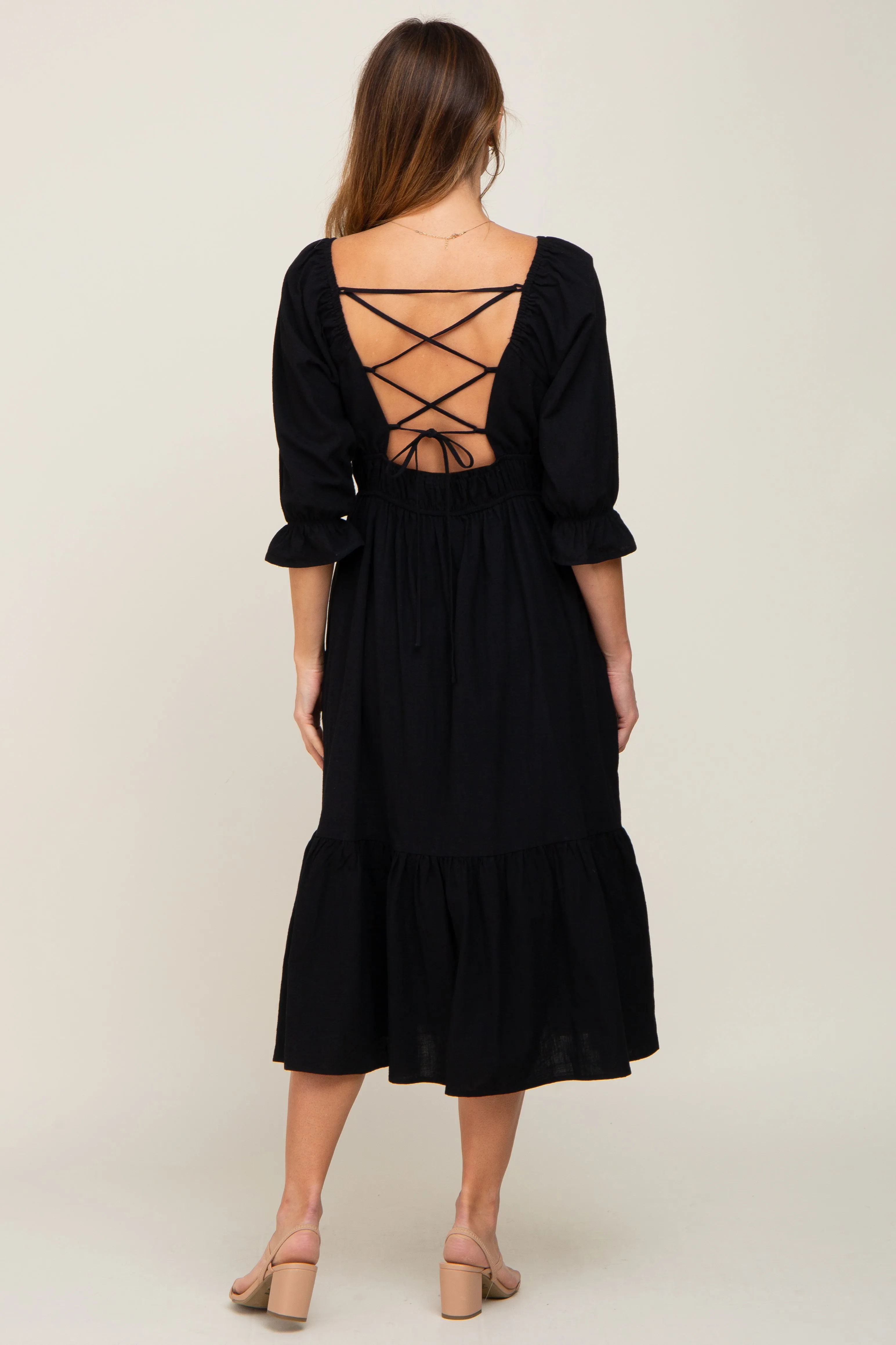 Black Ruffle Strappy Open Back Midi Dress sold by Pinkblush product image thumbnail 3