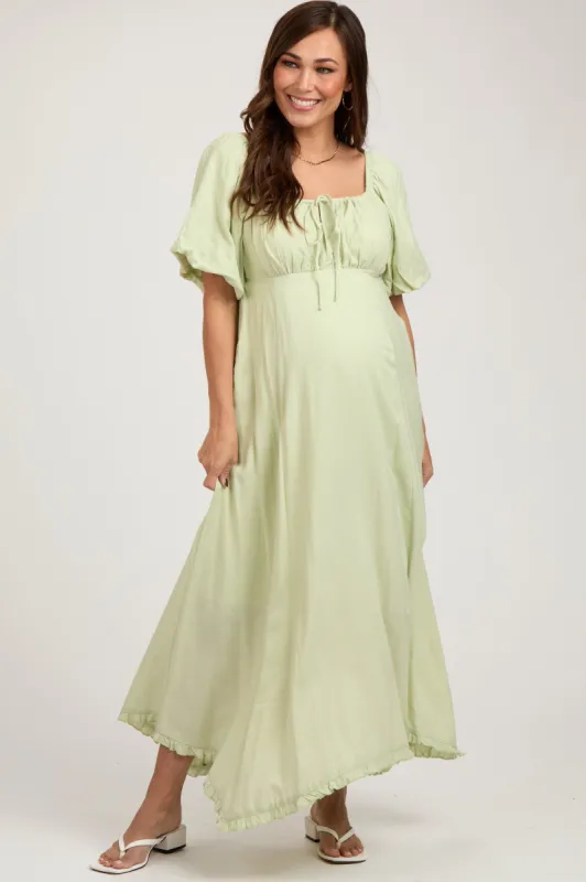 Light Olive Front Tie Puff Sleeve Maternity Maxi Dress sold by Pinkblush